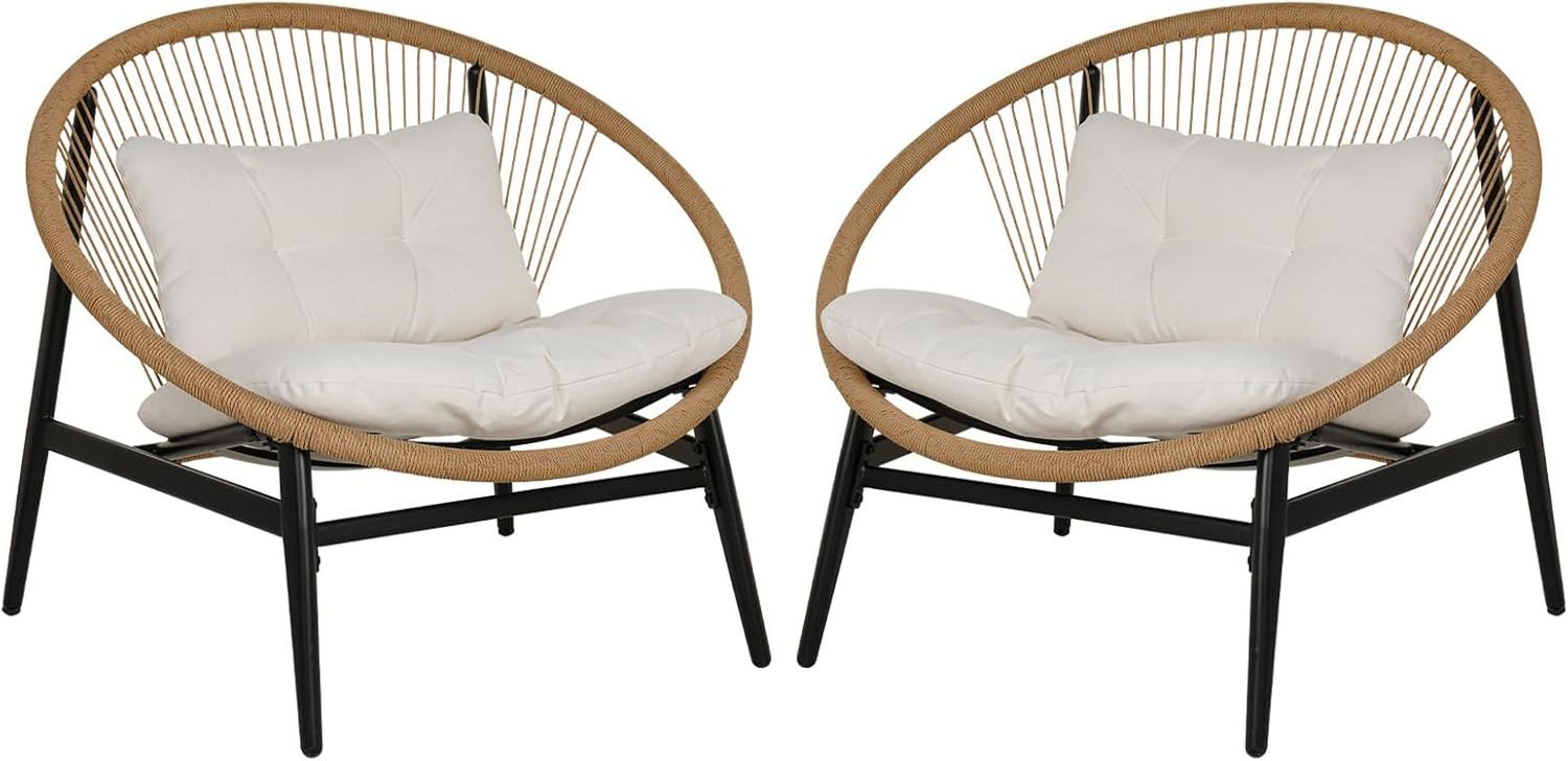 Oversized Wicker Outdoor Chair Set with Beige Cushions