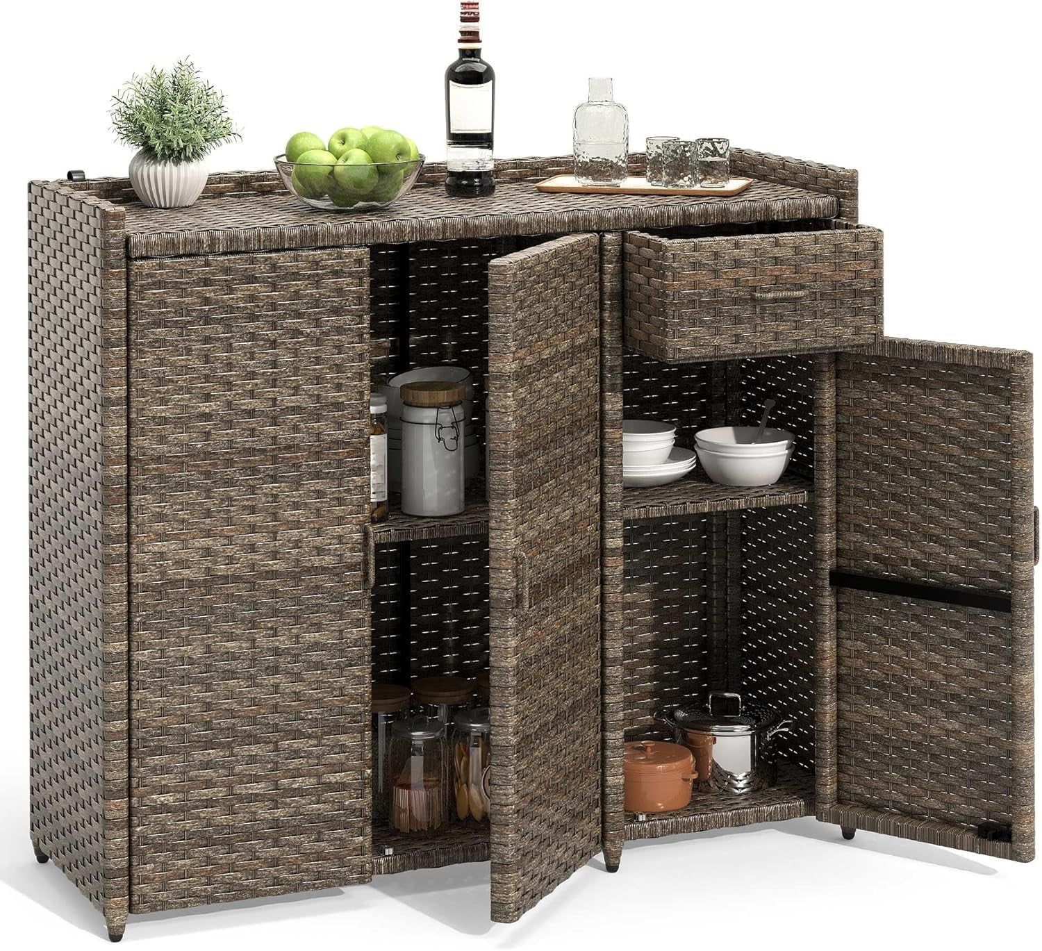 Weather-Proof Rattan Storage Cabinet With Adjustable Shelves