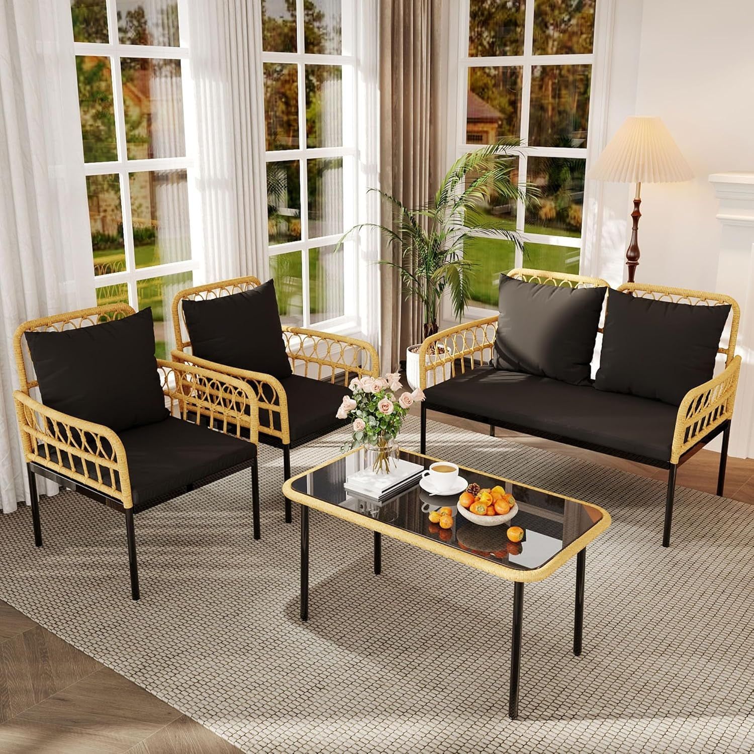 Outdoor Rattan Patio Furniture Set with Cushions and Table