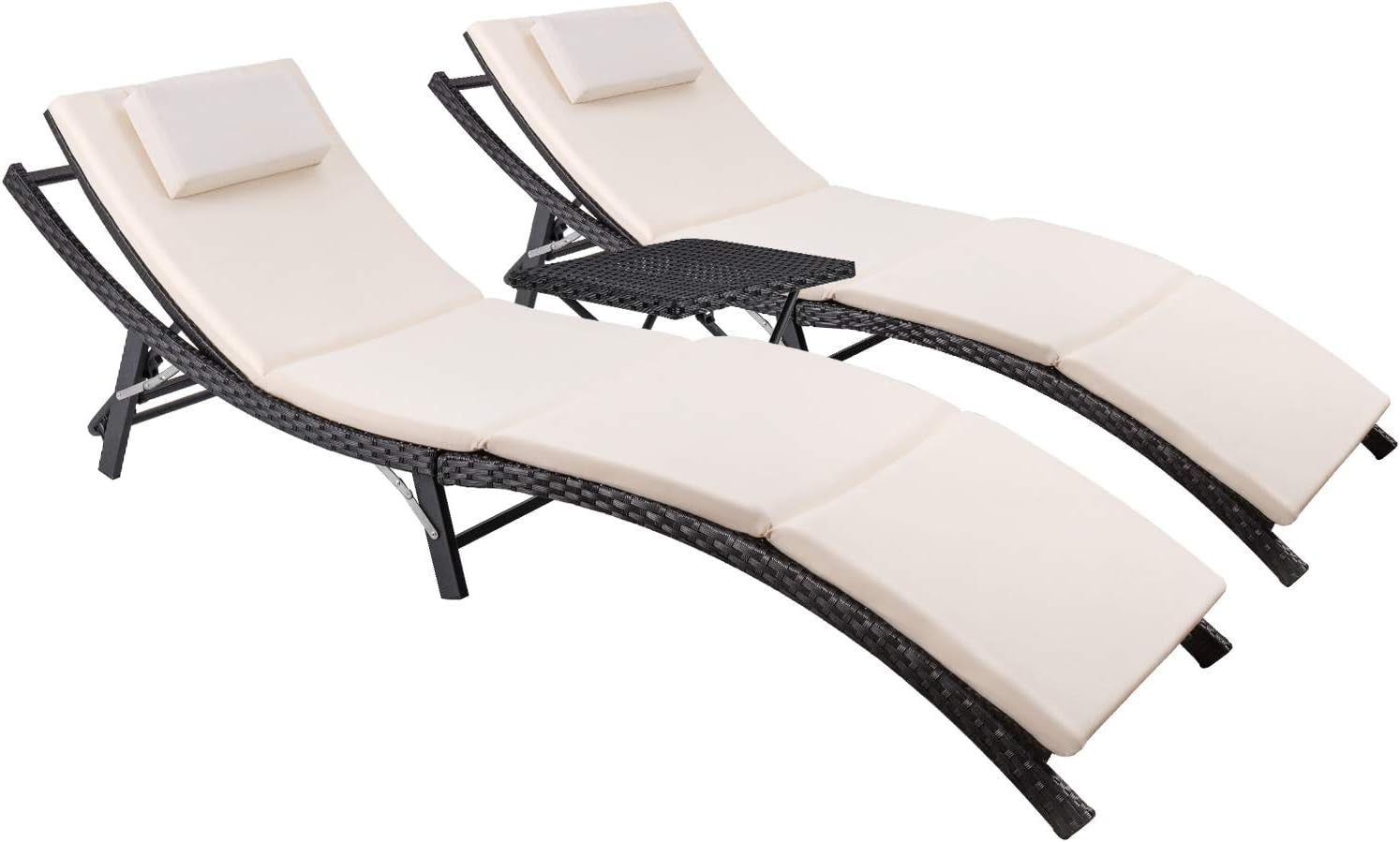 Adjustable Outdoor Rattan Chaise Lounge Set With Table