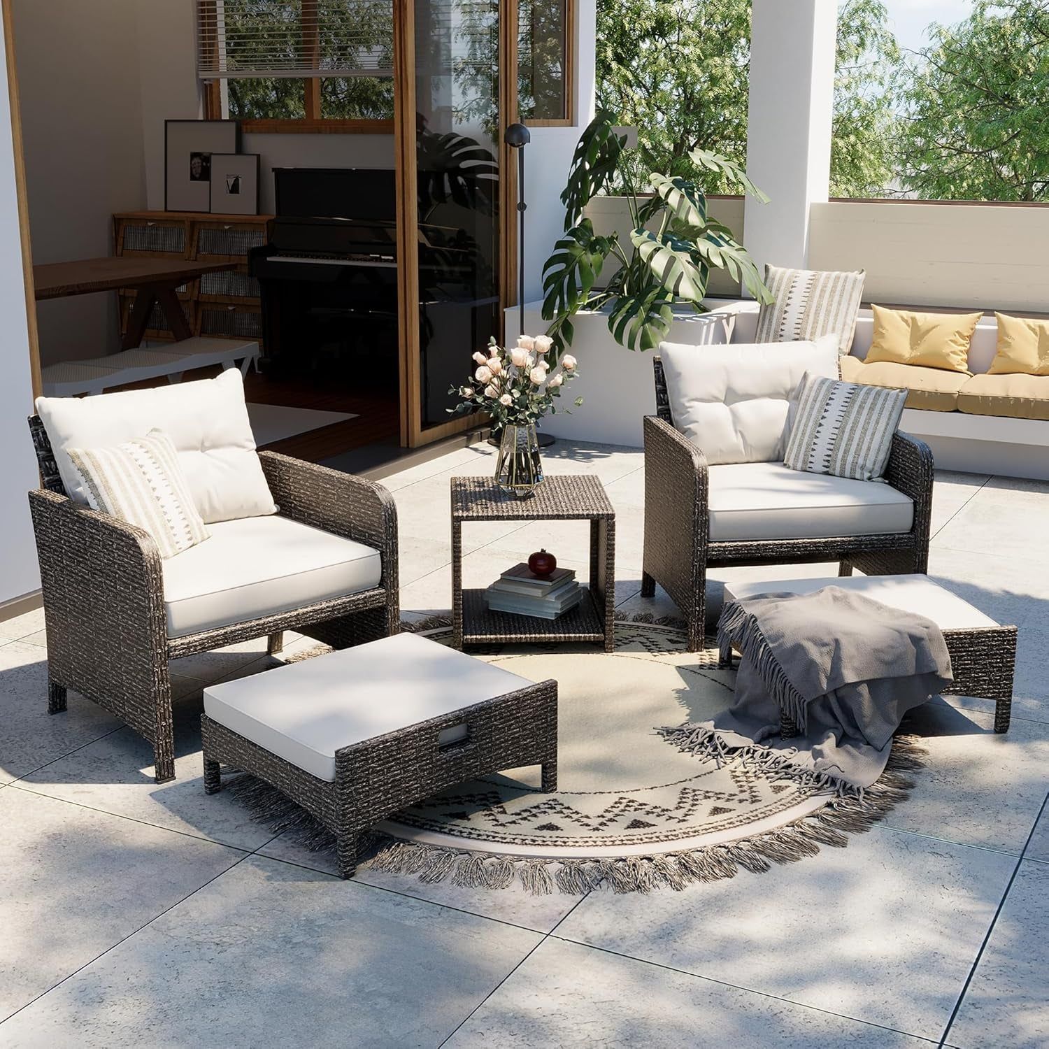 Five Piece Outdoor Wicker Patio Chairs With Ottomans
