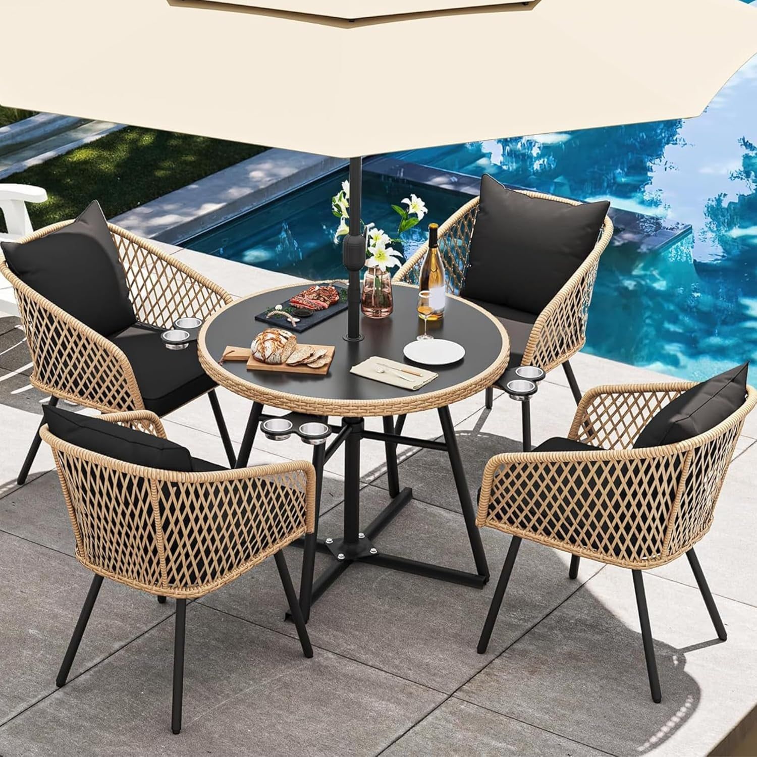 5-Piece Rattan Outdoor Dining Set with Cushions