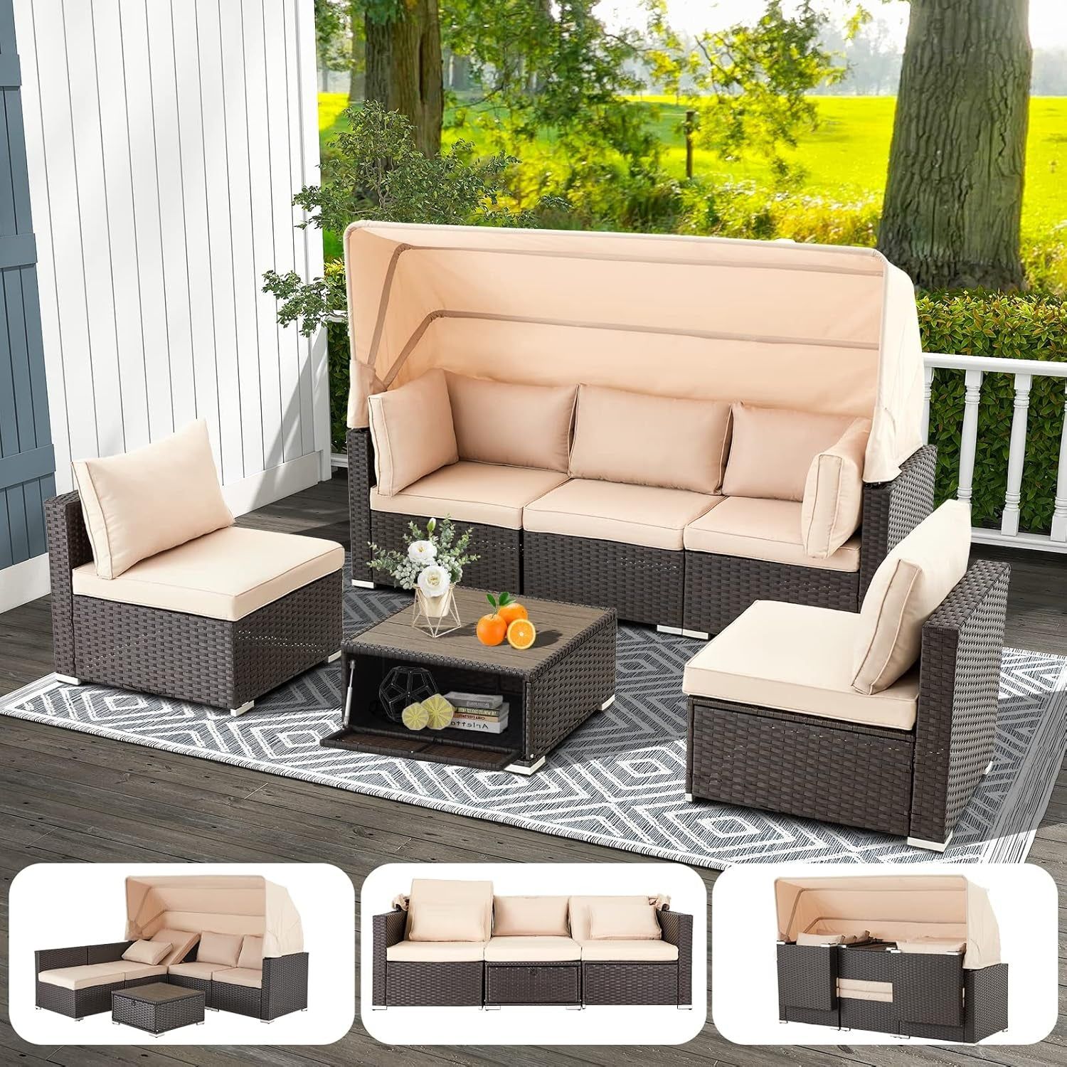 Rattan Daybed Set With Canopy Adjustable Backrest