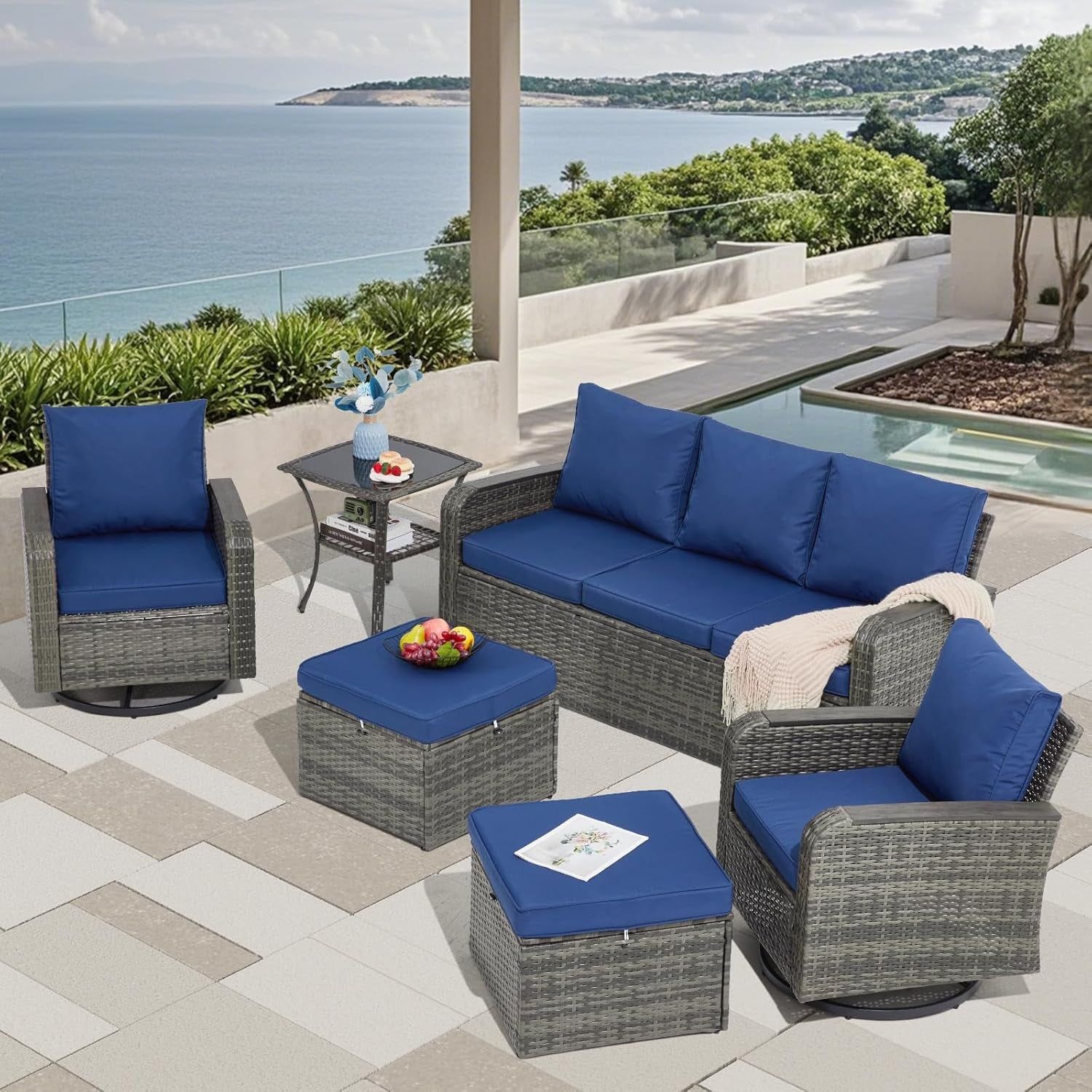 Outdoor Wicker Furniture Set with Swivel Chairs Blue