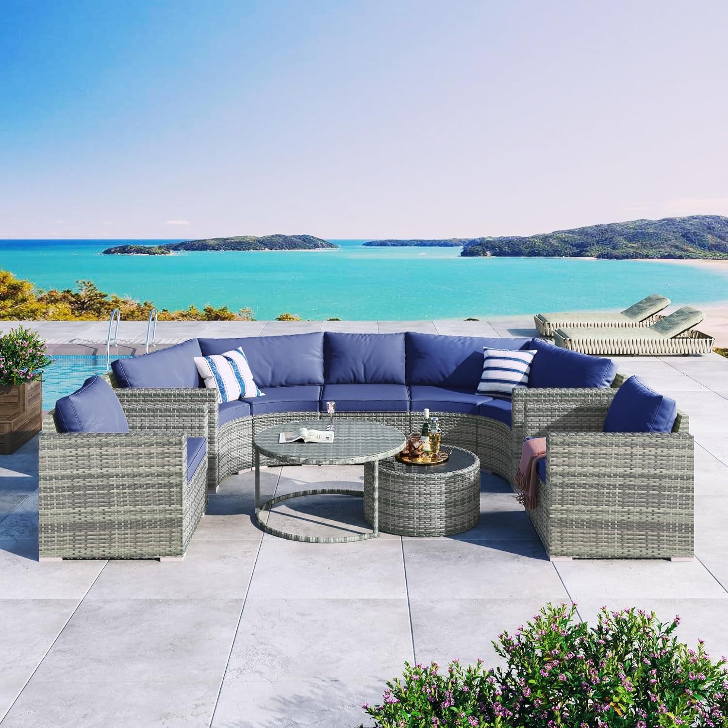 Outdoor Half-Moon Patio Sofa Set with Blue Cushions