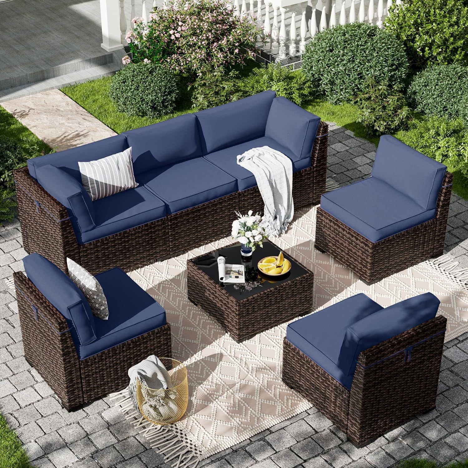 Navy Blue Outdoor Rattan Sofa Set with Coffee Table