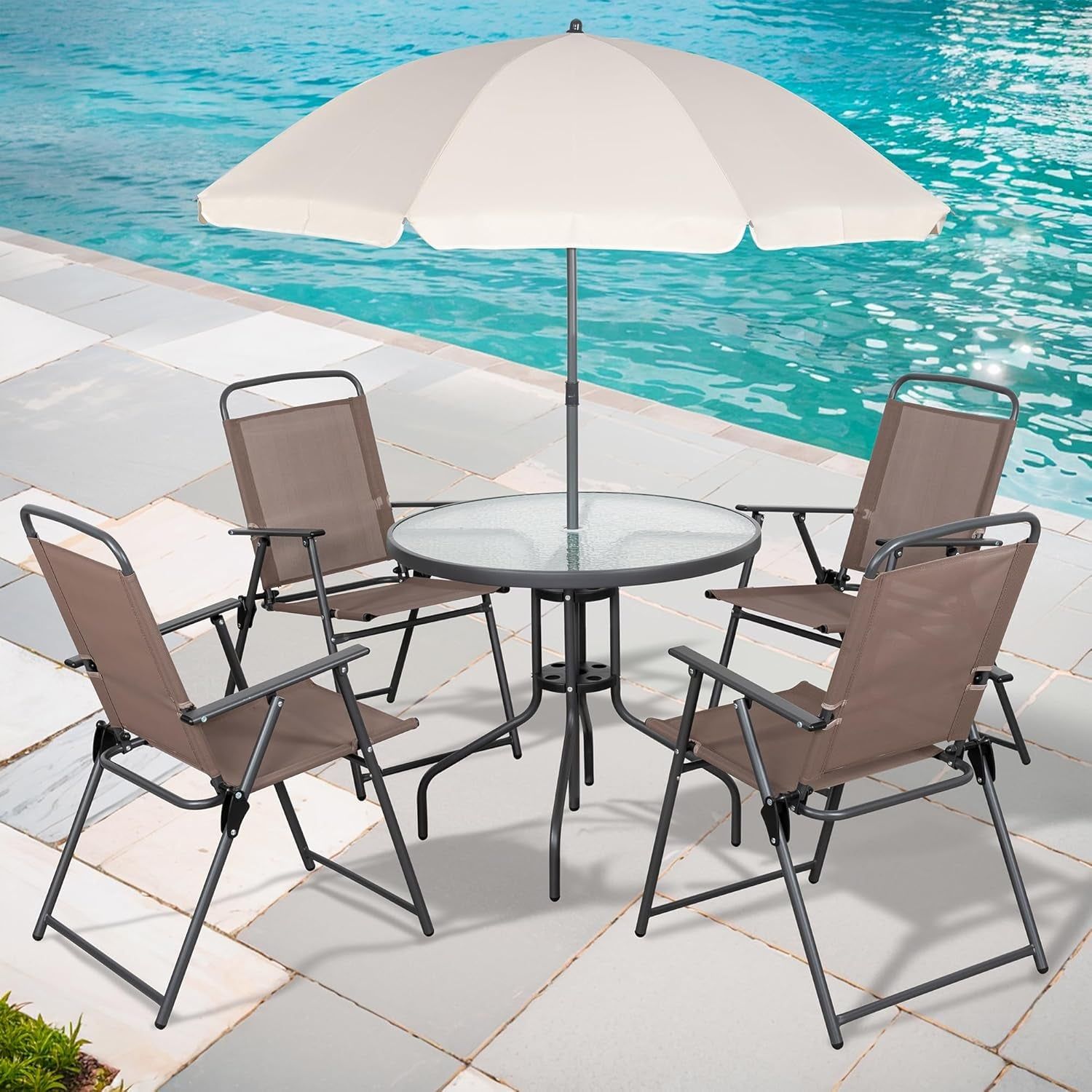 Six Piece Outdoor Dining Set with Umbrella and Chairs
