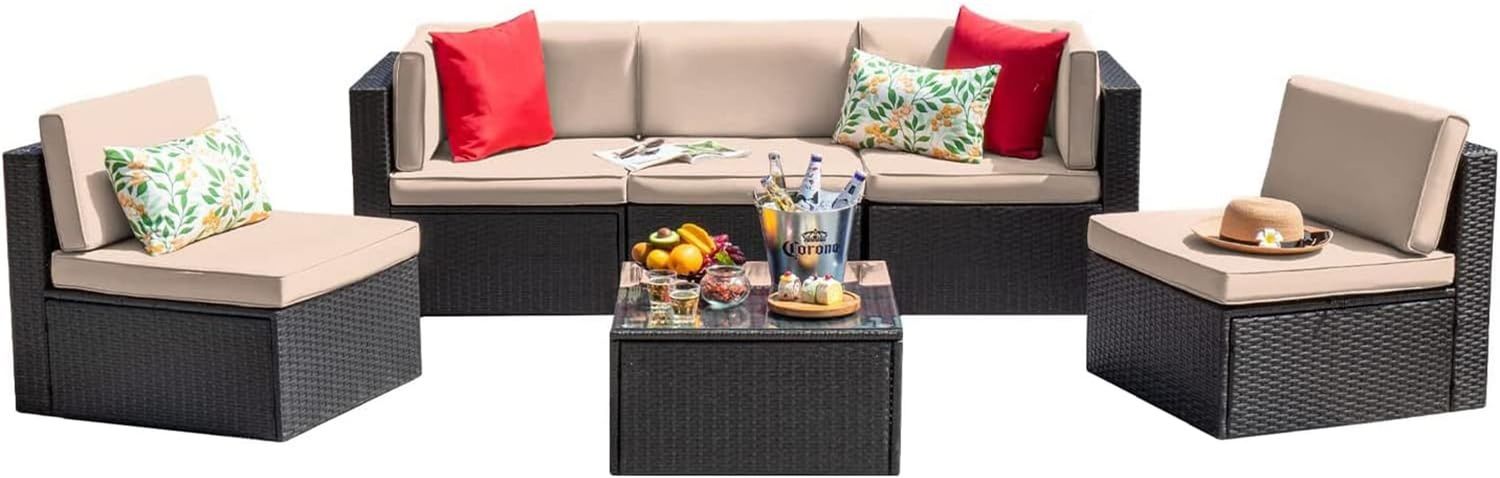 Six Piece Outdoor Rattan Sectional Sofa Set with Cushions