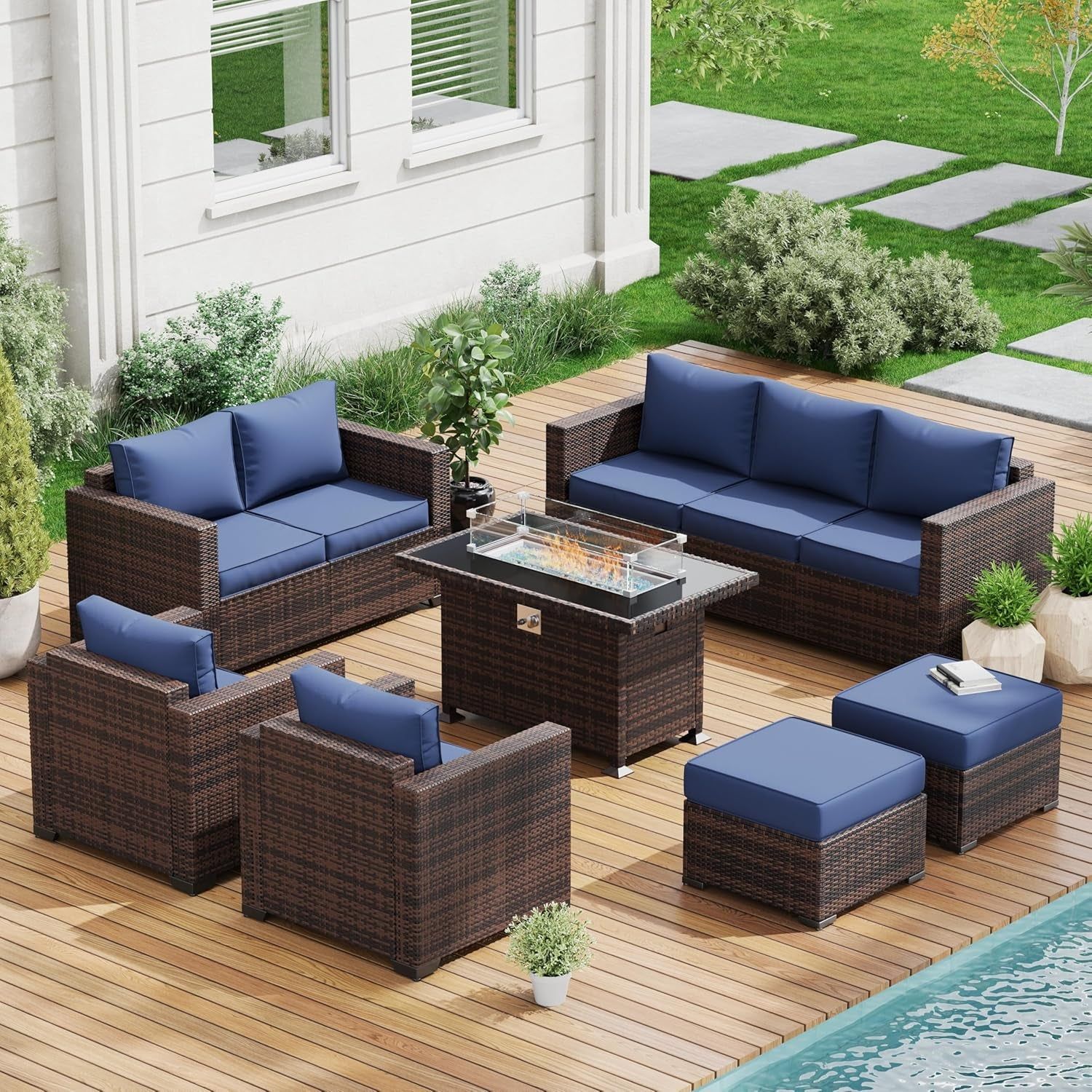 Navy Wicker Outdoor Sectional Couch Set with Fire Pit