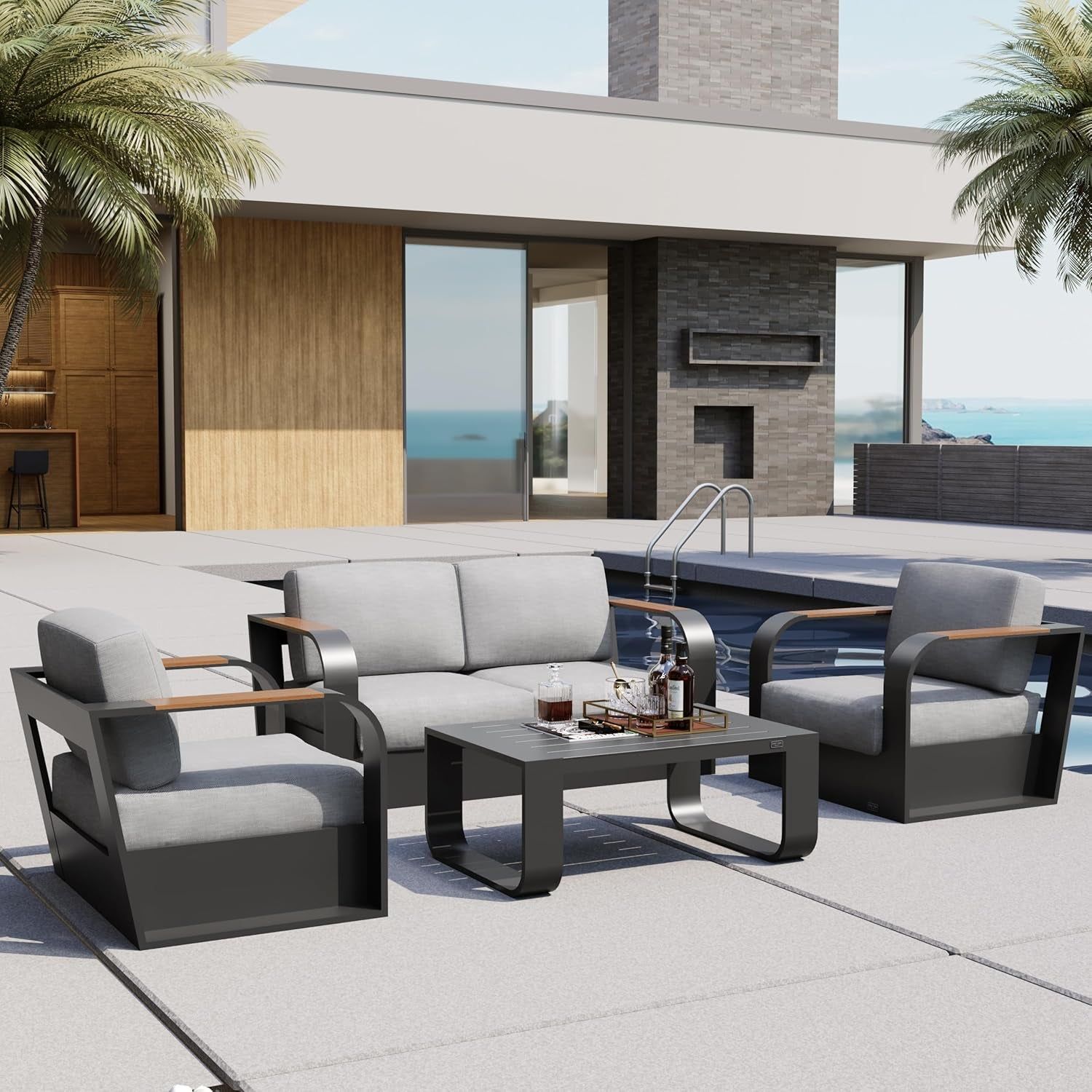 Modern Four Piece Patio Furniture Set with Deep Seating