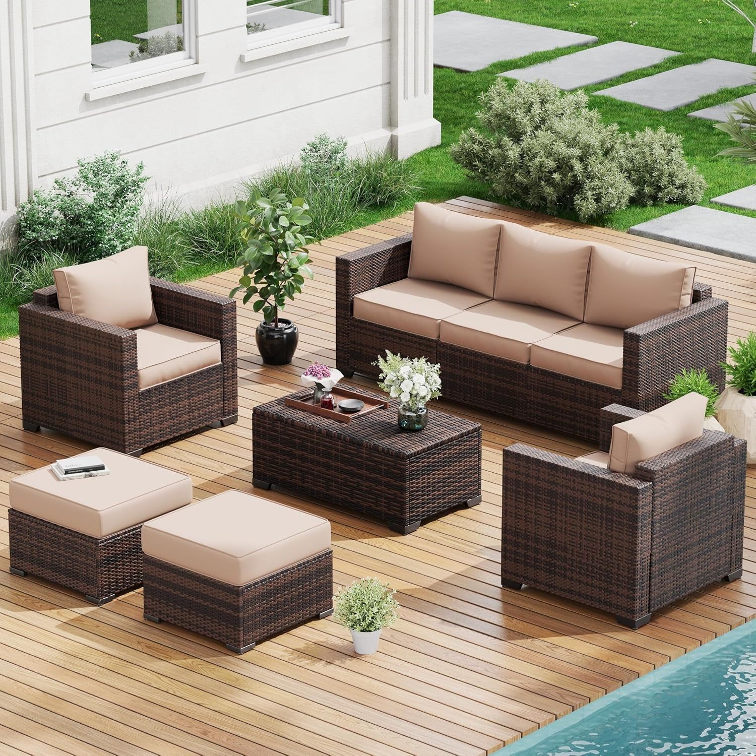 Outdoor Wicker Rattan Sofa Set with Ottomans