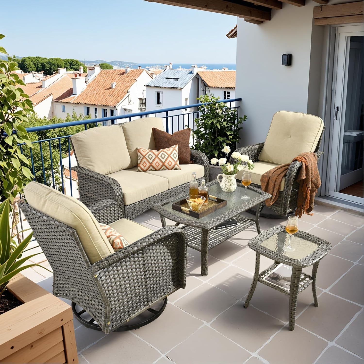 Beige All Weather Wicker Patio Furniture Conversation Set