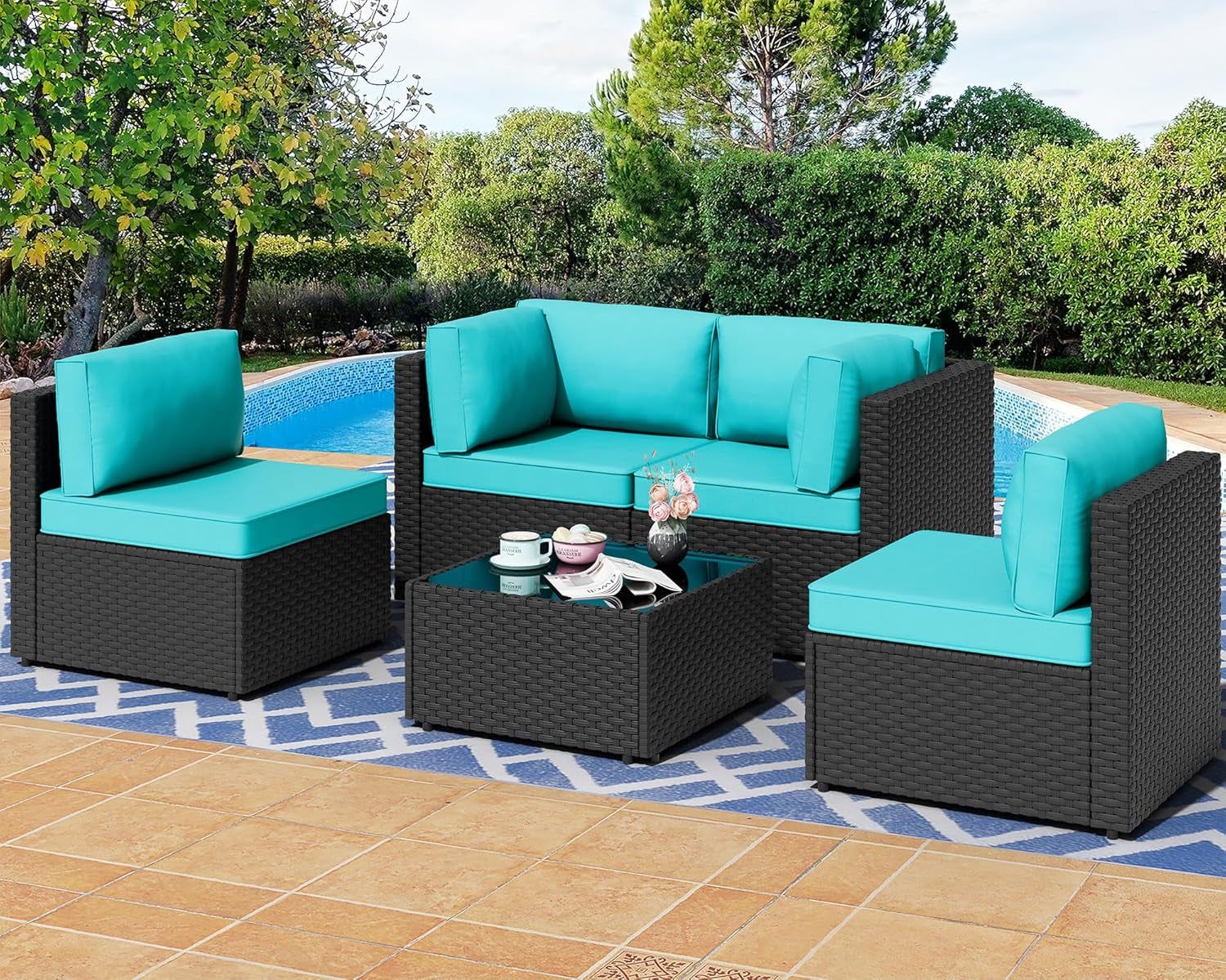 Five Piece Outdoor Patio Sectional Sofa Set Blue