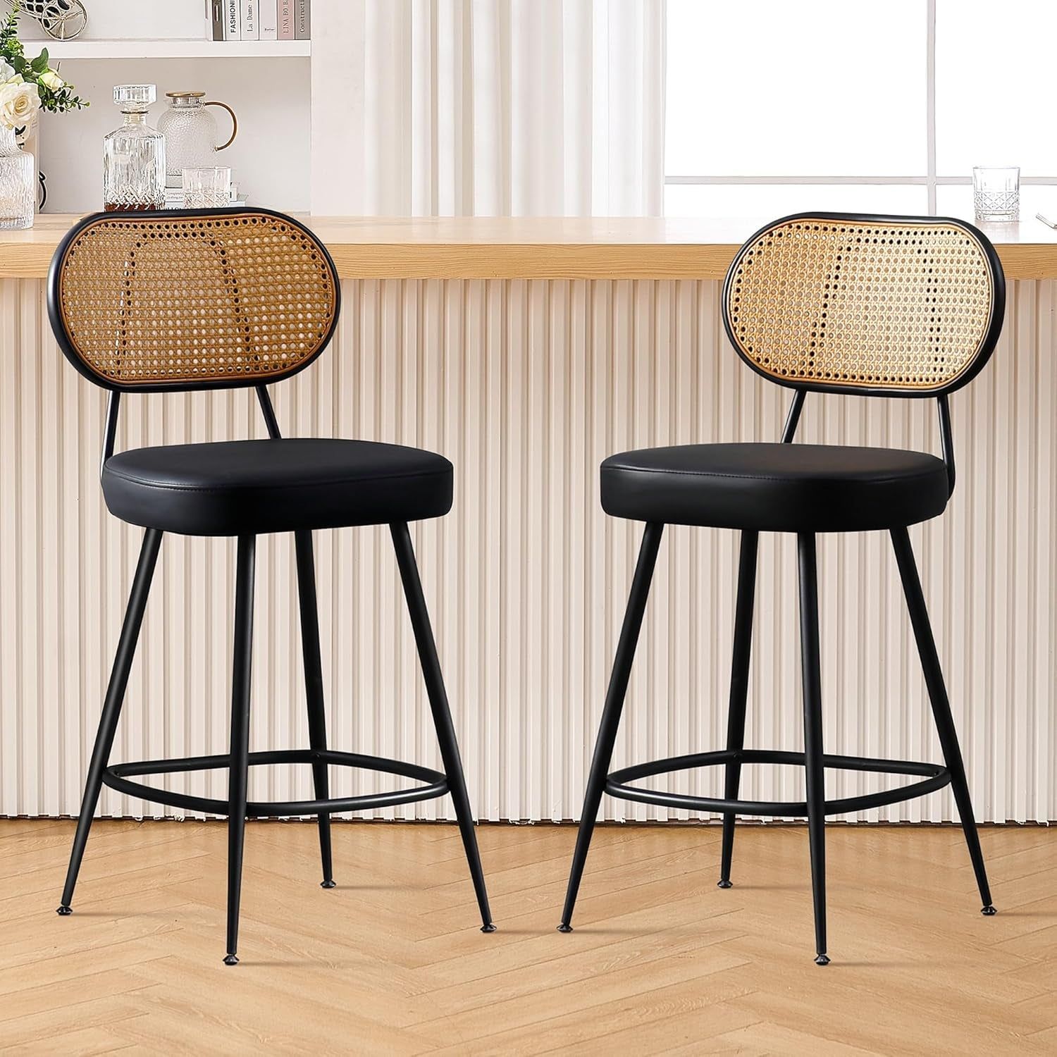 Counter Height Bar Stools Set of Two with Rattan Back