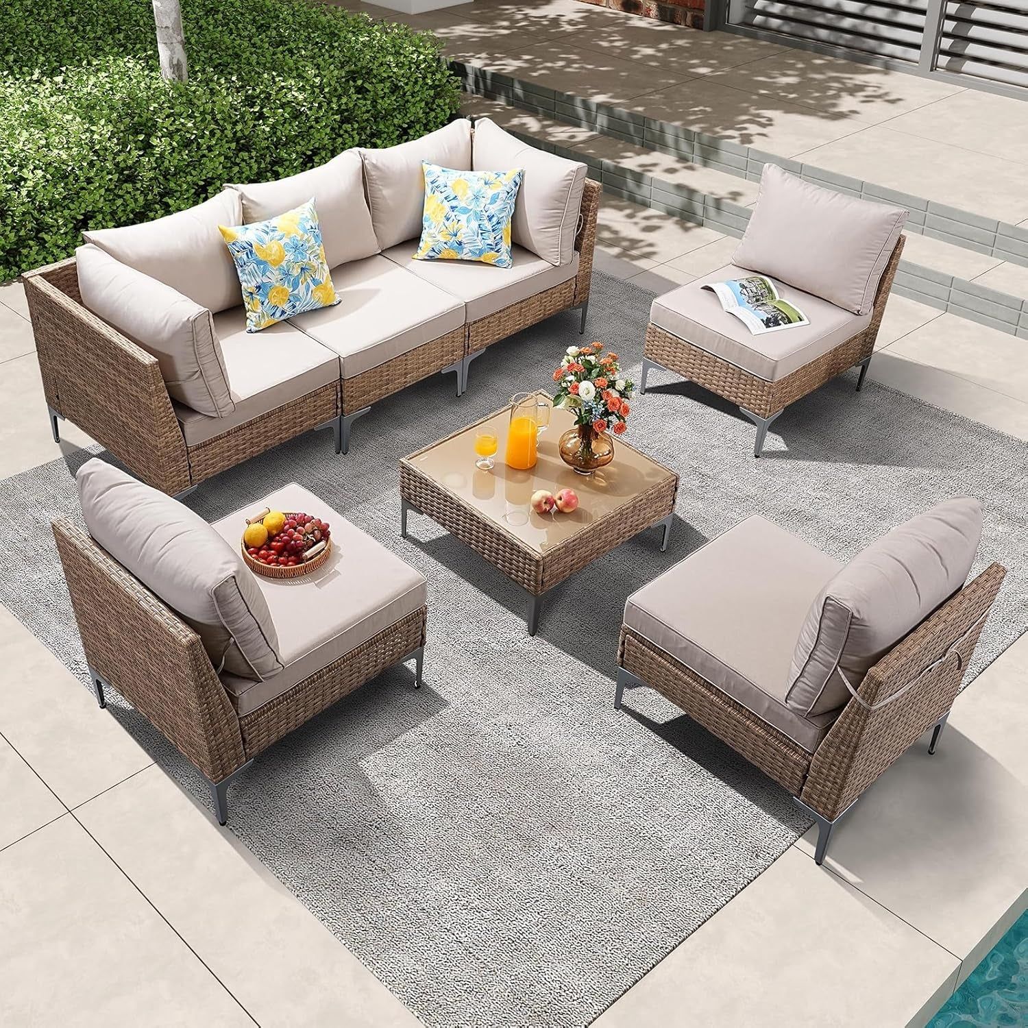 7 Piece Wicker Patio Furniture Set with Thick Cushions