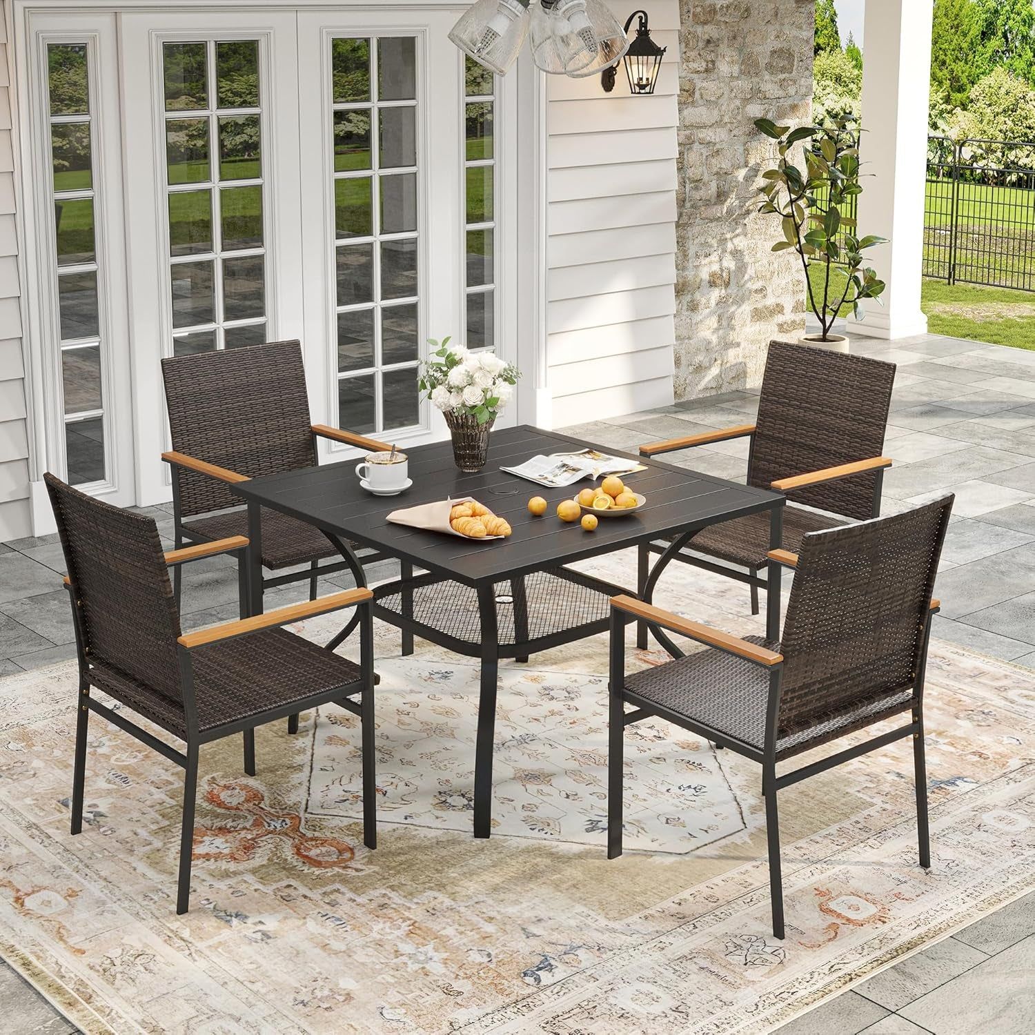 Outdoor Wicker Dining Set with Square Table and Storage
