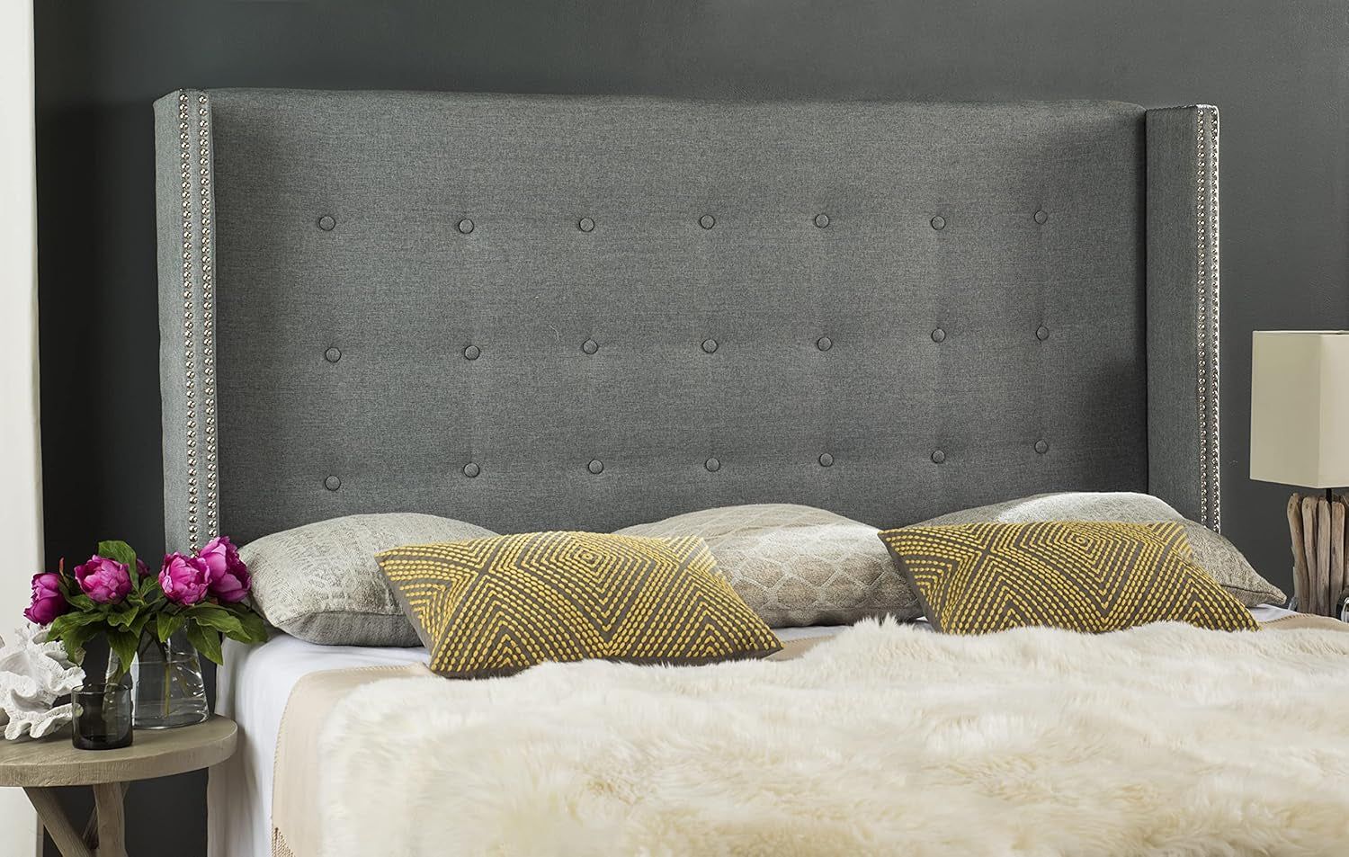 Grey Linen Tufted Winged Headboard for Stylish Bedrooms