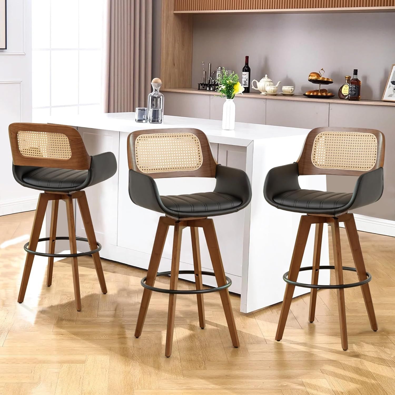 Rattan Swivel Bar Stools with Cane Backrest Design