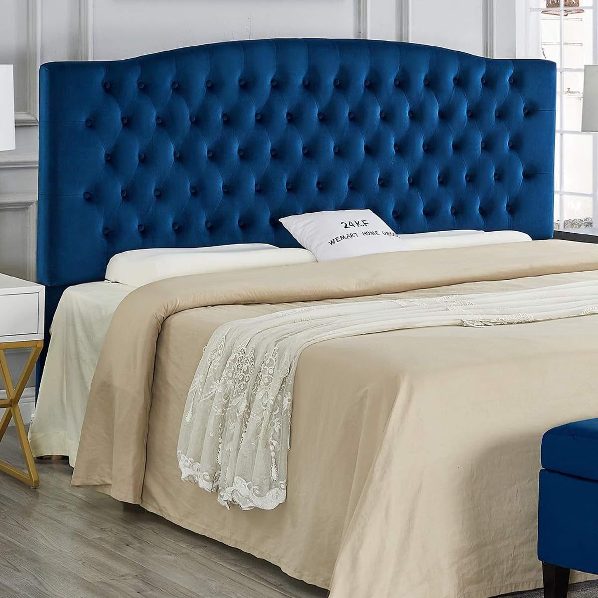 Elegant Navy Velvet Button Tufted King Headboard Design