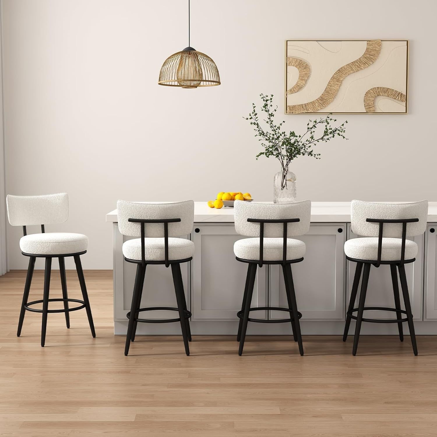 Bar Stools Set of 4, White Counter Height Barstools with Back, Kitchen Stools with Metal Legs and Footrest, Upholstered Pub Bar Chairs Kitchen Island (26&quot;, No Swivel)