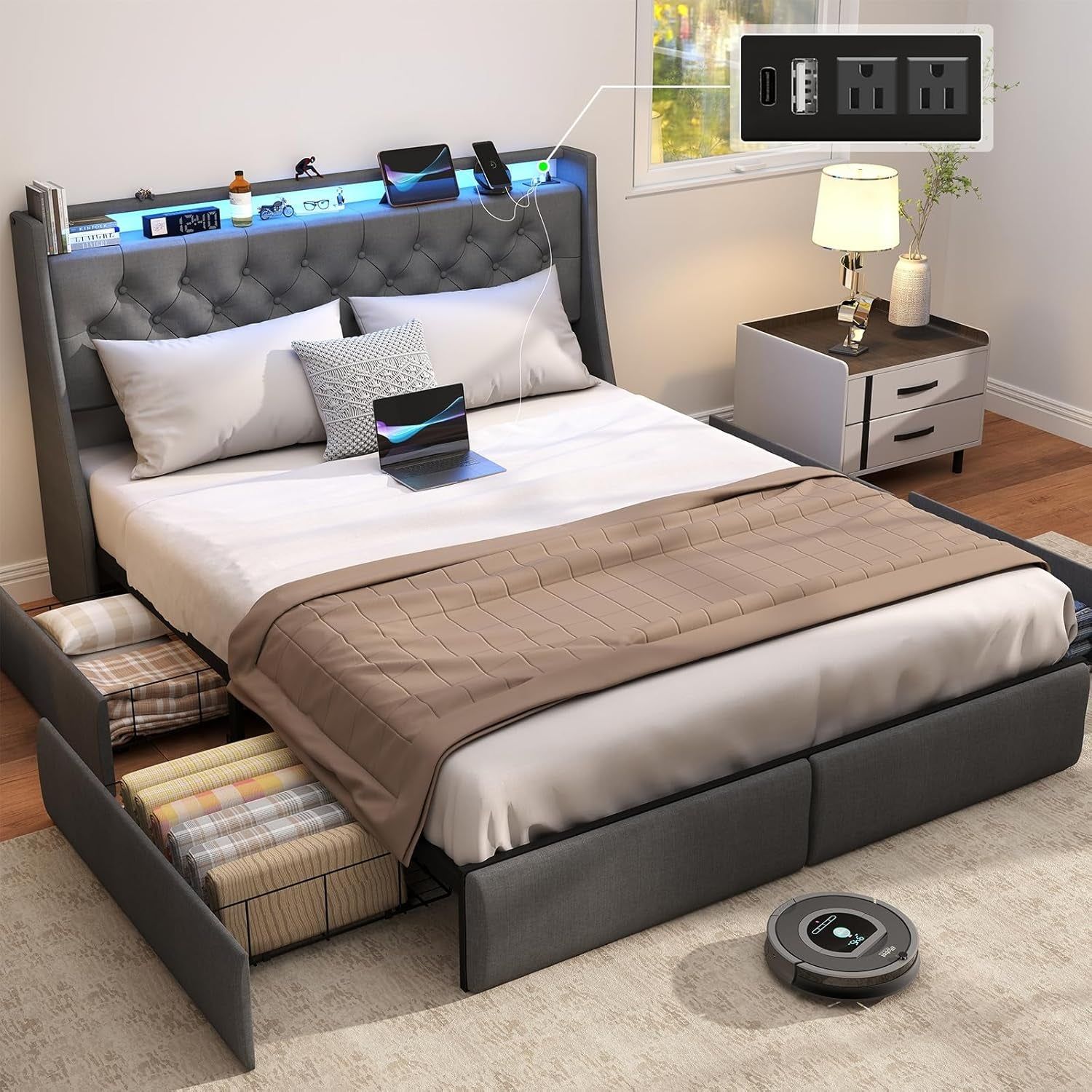 Queen Bed Frame with Storage Headboard and LED Lighting