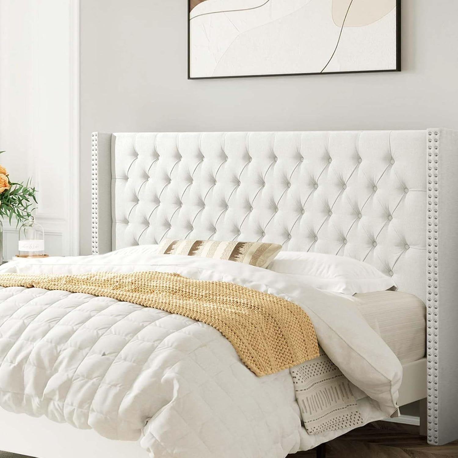 Linen Upholstered Queen Headboard with Wingback Design