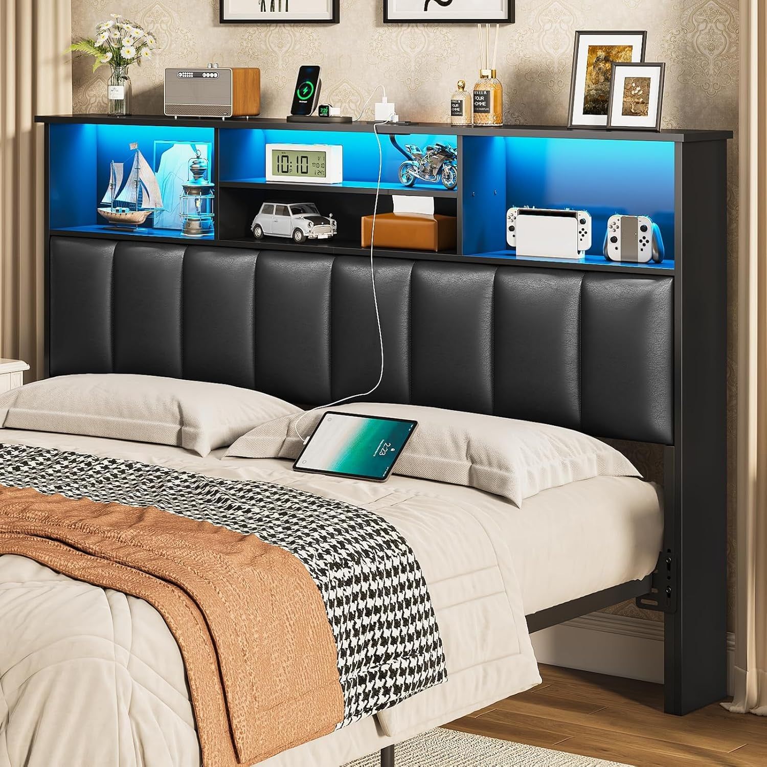 Upholstered Queen Size Headboard with Charging Station Lights
