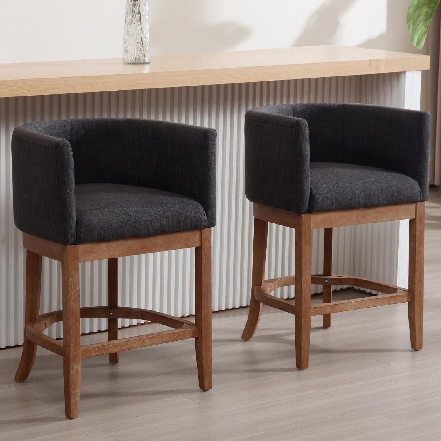 Mid Century Linen Bar Stools Set of 2, 26” Counter Height Barstools with Barrel Back, Upholstered Counter Stools with Natural Wood Legs Bar Chairs for Kitchen Island Dining Room, Charcoal