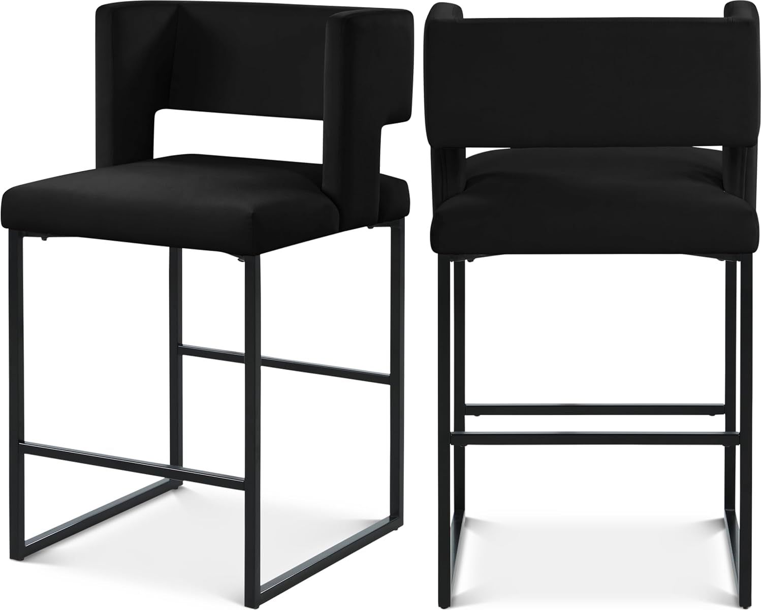 Caleb Collection Modern | Contemporary Counter Height Stool with Unique Square Back and Sturdy Iron Legs, Set of 2 Black Velvet, 19.5&quot; W X 20.5&quot; D X 36&quot; H