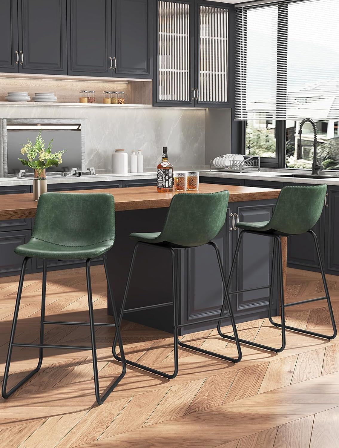Ergonomic Green Faux Leather Bar Stools Set of Three