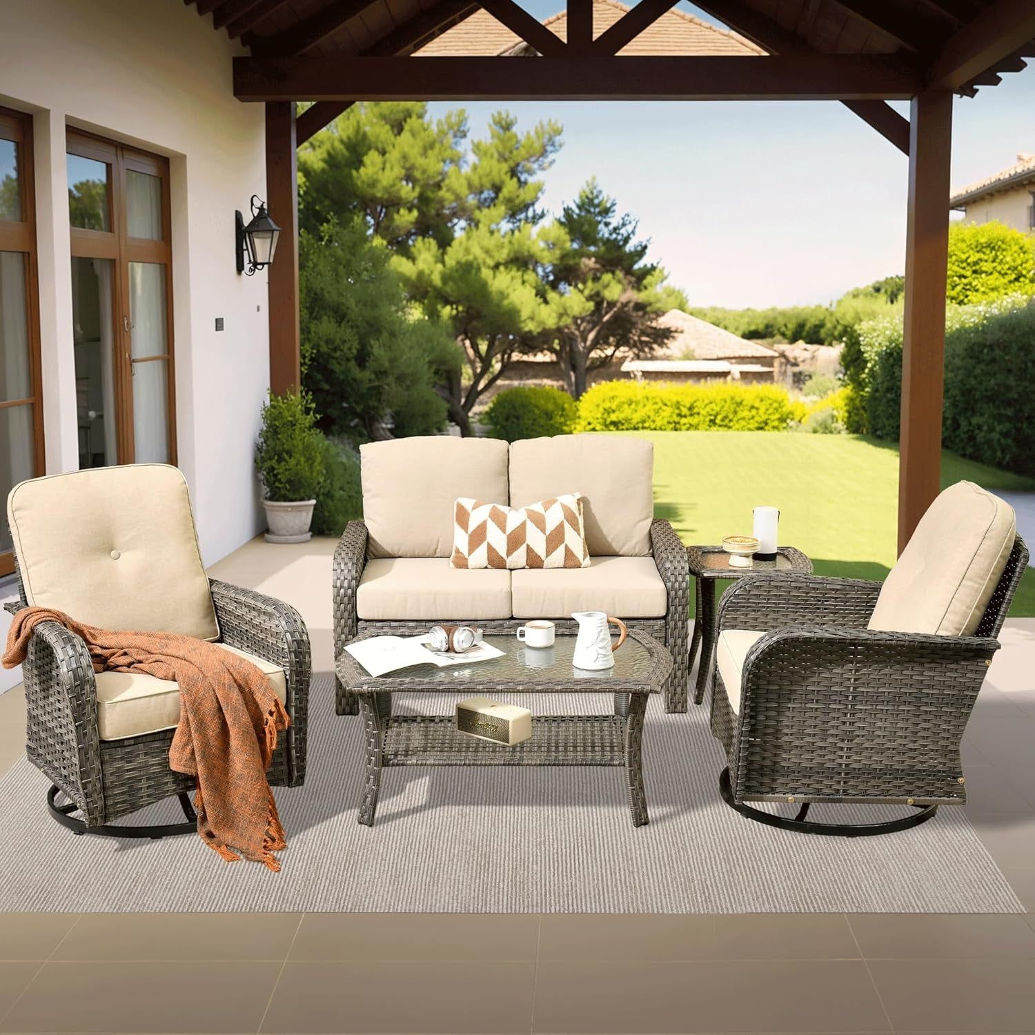 Five Piece Outdoor Wicker Sofa Set with Cushions