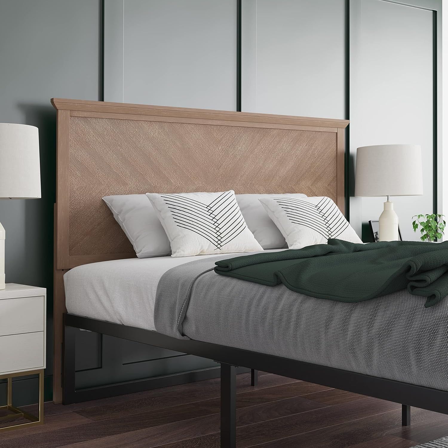 Queen Size Adjustable Wooden Herringbone Headboard in Brown