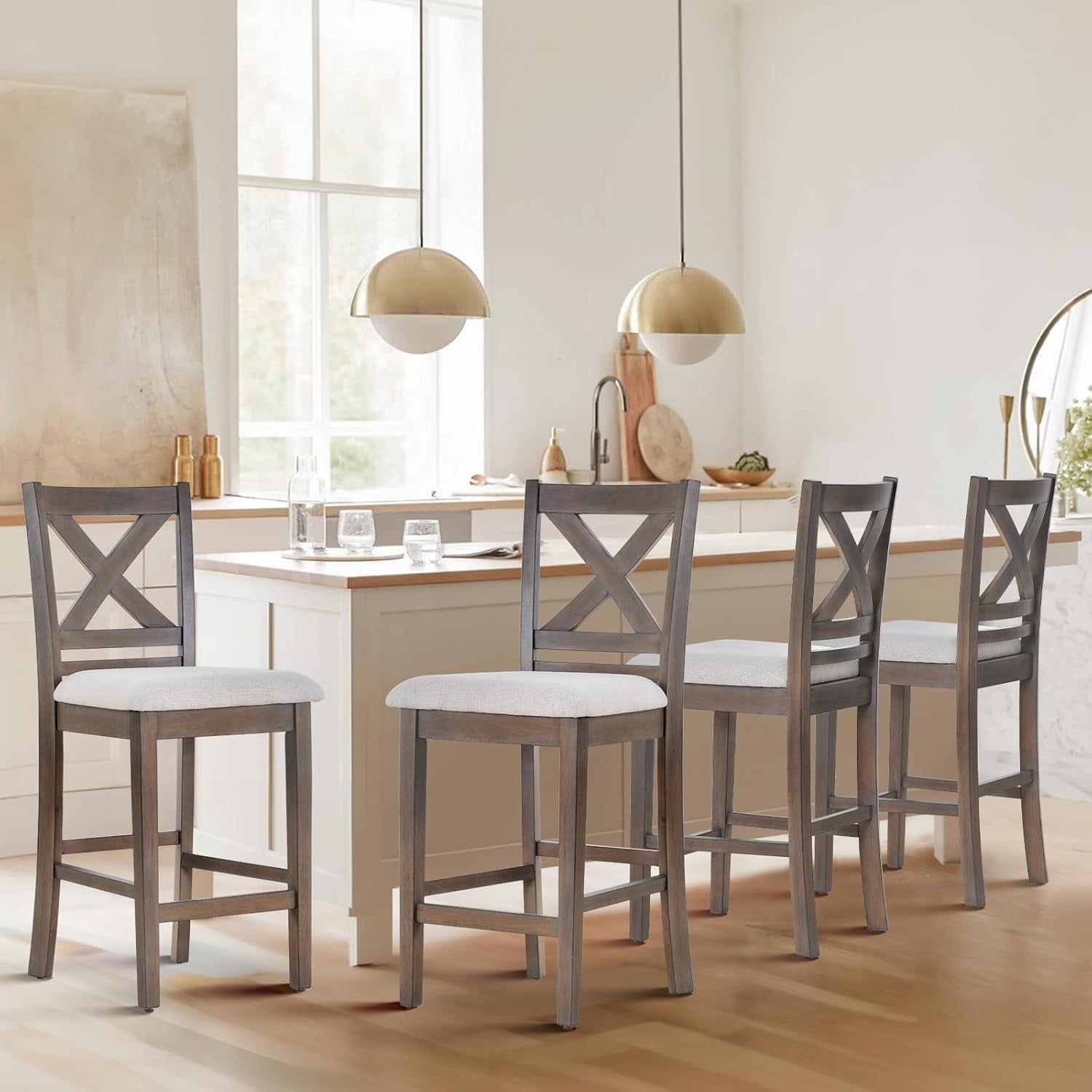 Upholstered Counter Height Bar Stools Set of 4, Modern Kitchen Island Barstools Chairs with Cross Back and Wood Legs for Dining Room Bar, Light Brown Wash