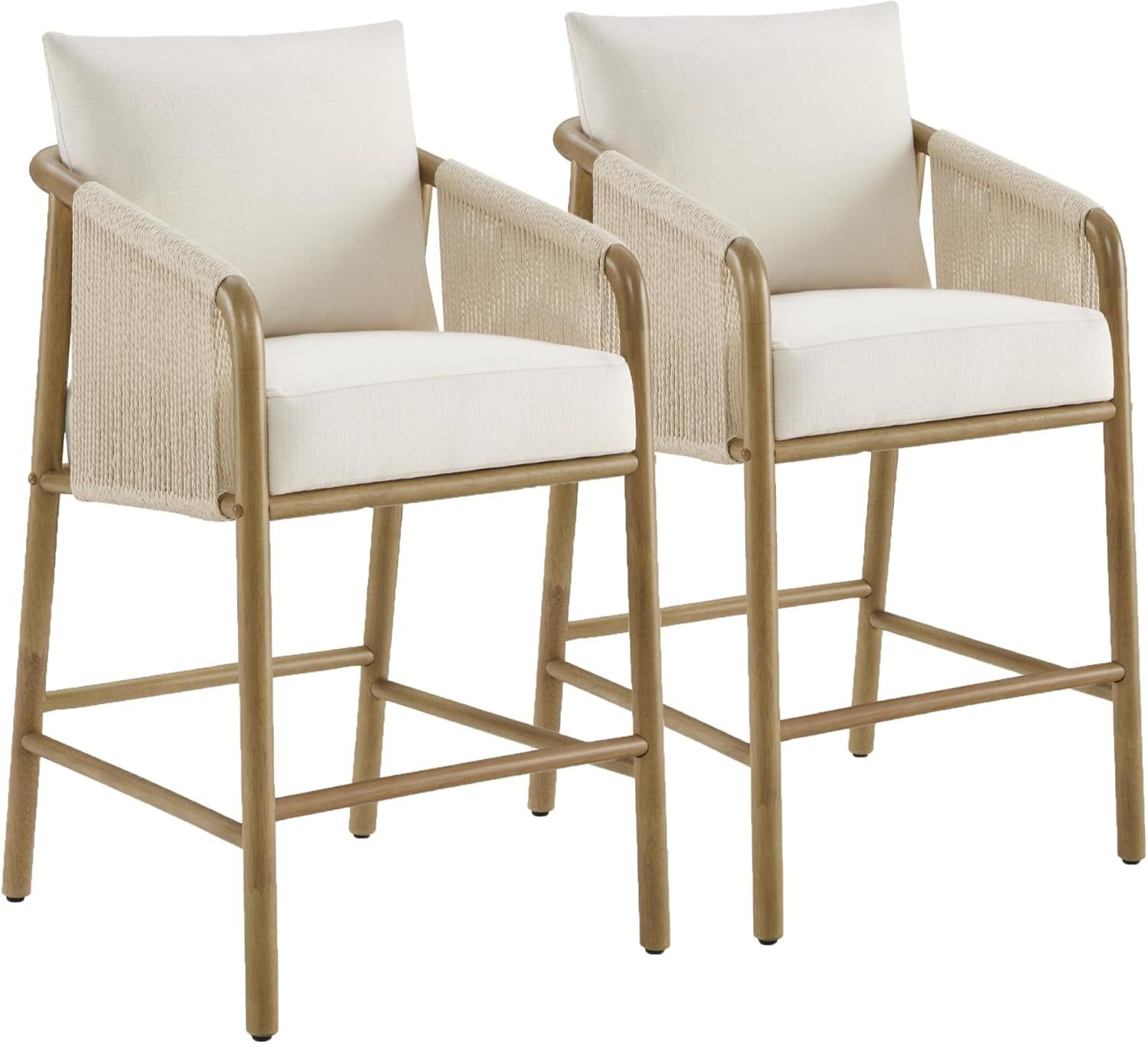Paper Cord Braid Counter Height Barstools Set of 2, Fabric Upholstered Woven Rope Counter Stools with Back and Armrest for Kitchen Island Home Bar, 27&quot; Seat Height, Cream