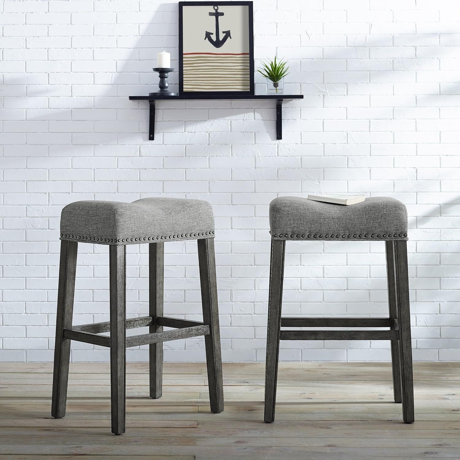 Coco Upholstered Backless Saddle Seat Bar Stools 29&quot; Height Set of 2, Gray
