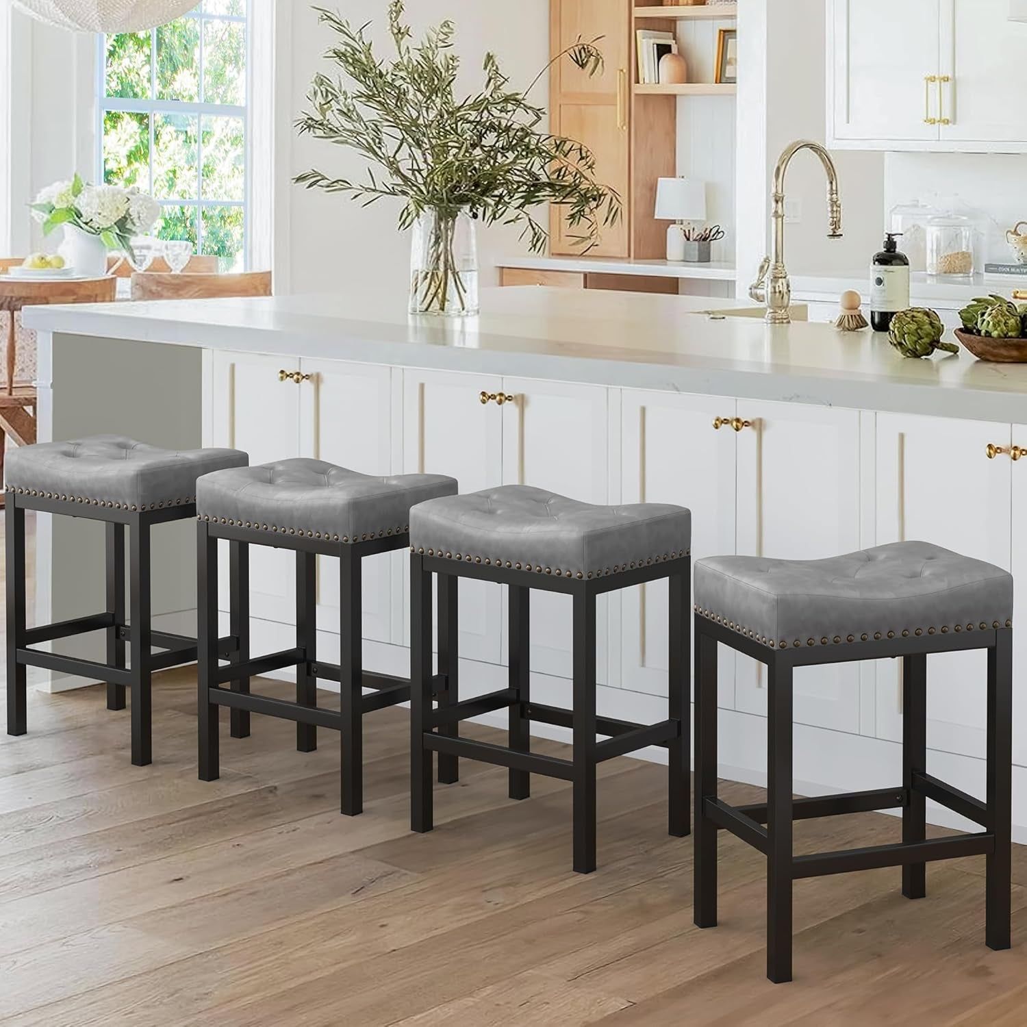 Bar Stools Set of 2, 24 Inch Saddle Backless Faux Leather Counter Height Stools with Black Metal Legs, Dark Gray