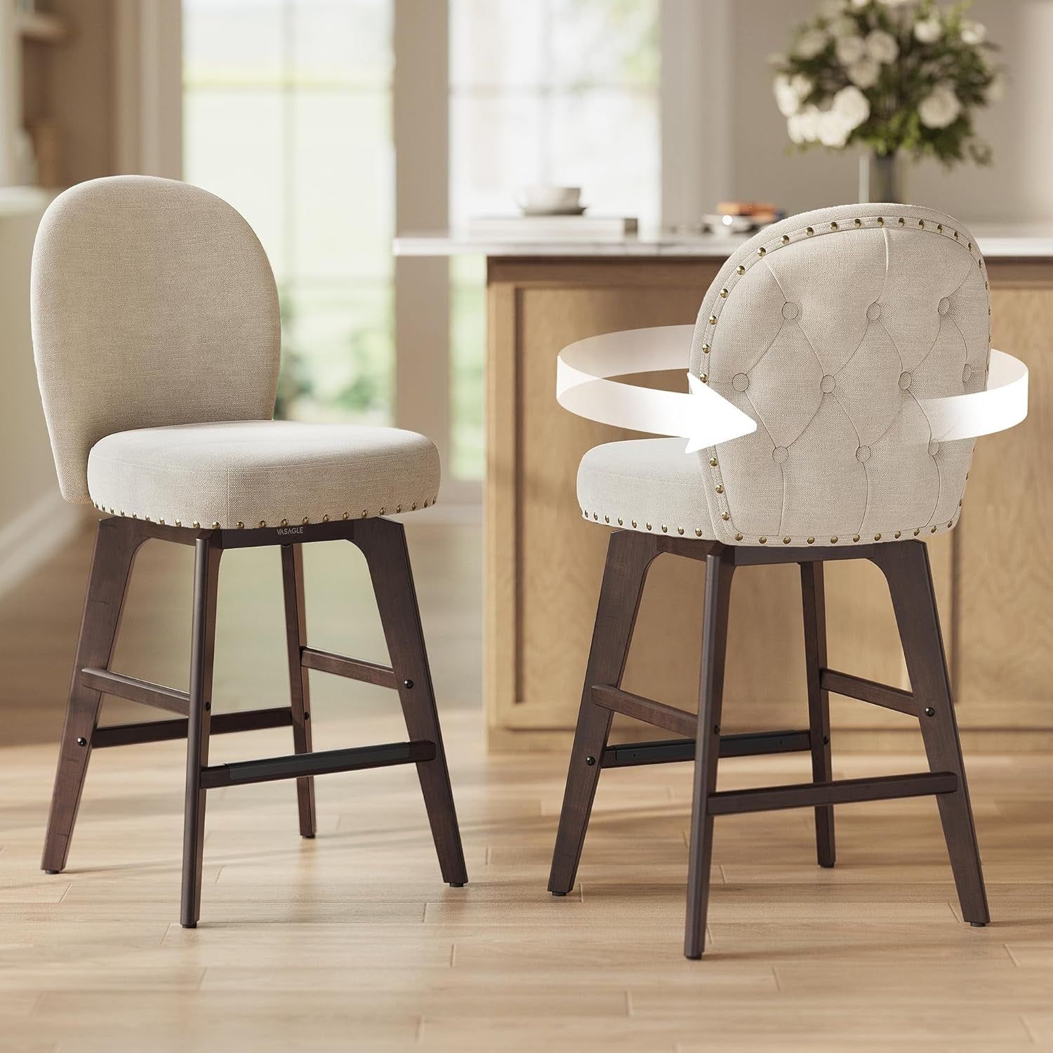 Bar Stools Set of 2, Swivel Counter Height Bar Stools with Back and Wood Legs, Chenille Fabric Upholstered Barstools, 26.2-Inch Tall Counter Barstools for Kitchen Island, Cappuccino Beige