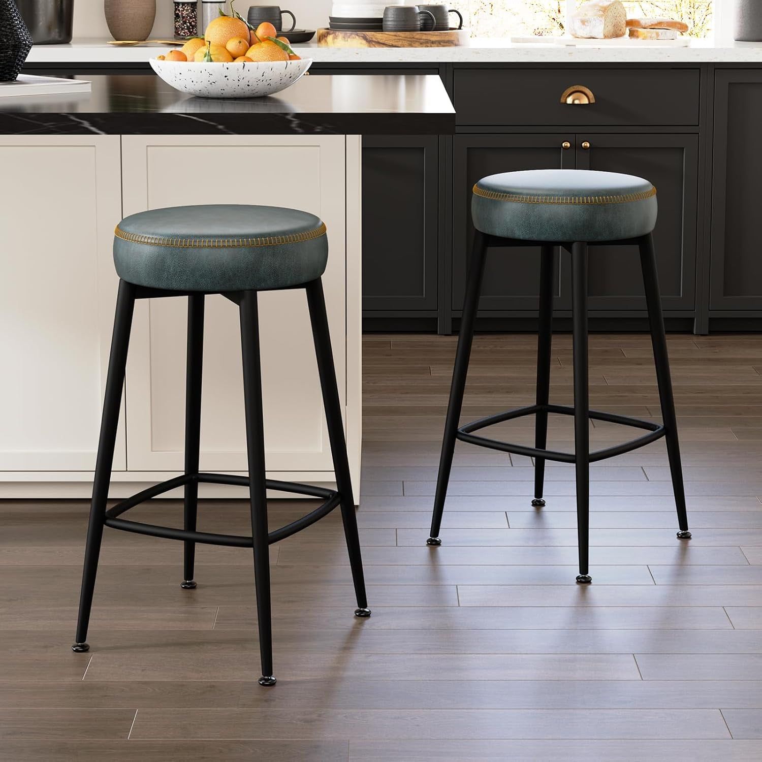 Counter Height Bar Stools Set of 2,26.3&quot; H Backless Barstools, Mid Century Modern Bar Stools for Kitchen Island,Faux Leather,Metal Base, Grayish Blue