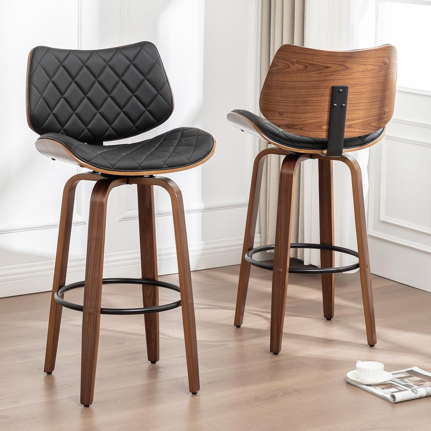 26&quot; Swivel Bar Stools Set of 2, Mid Century Modern Counter Height Barstools Black Leather Upholstered Bar Chairs for Kitchen Island/Dining Room/Cafe