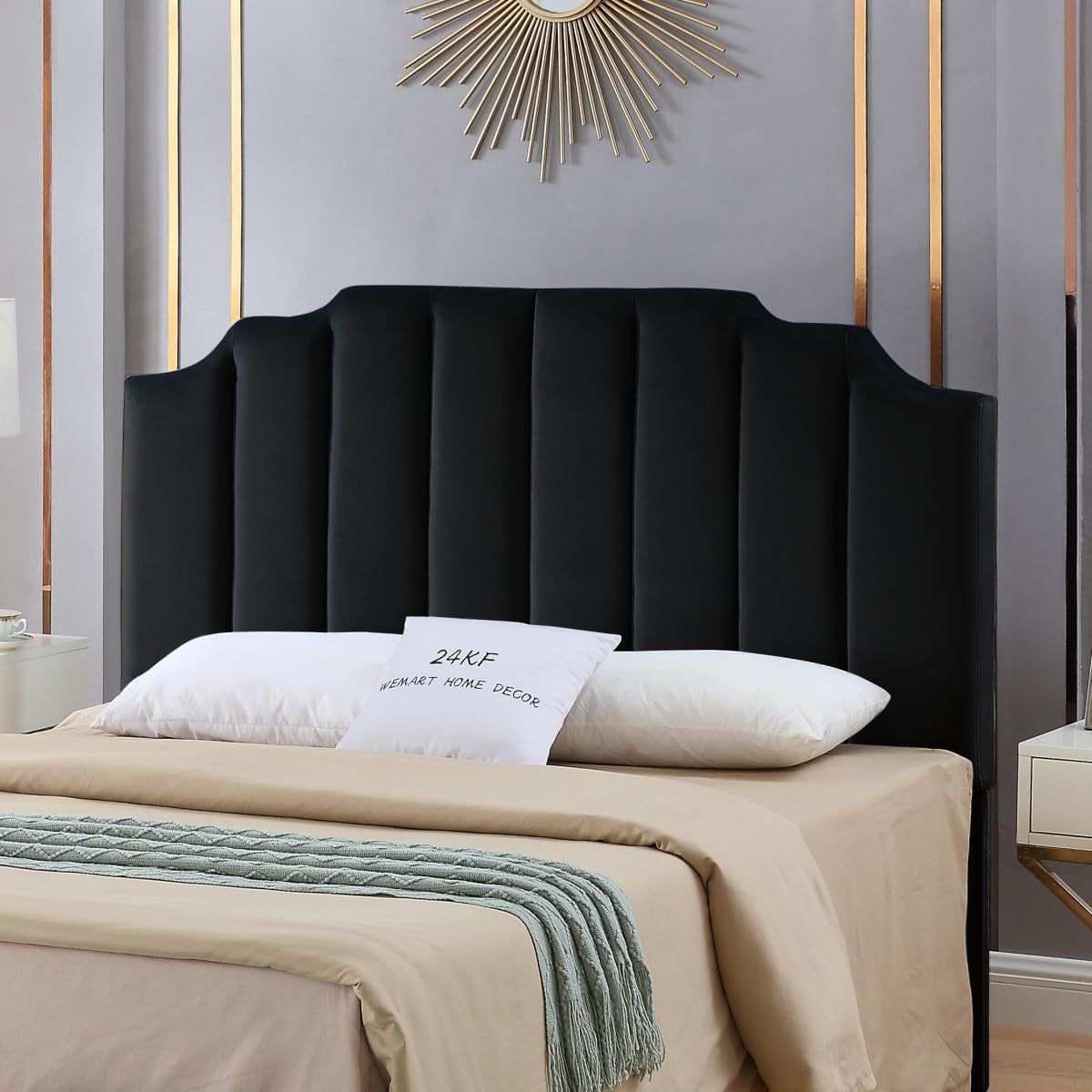 Elegant Black Velvet Tufted Queen Headboard with Curved Design