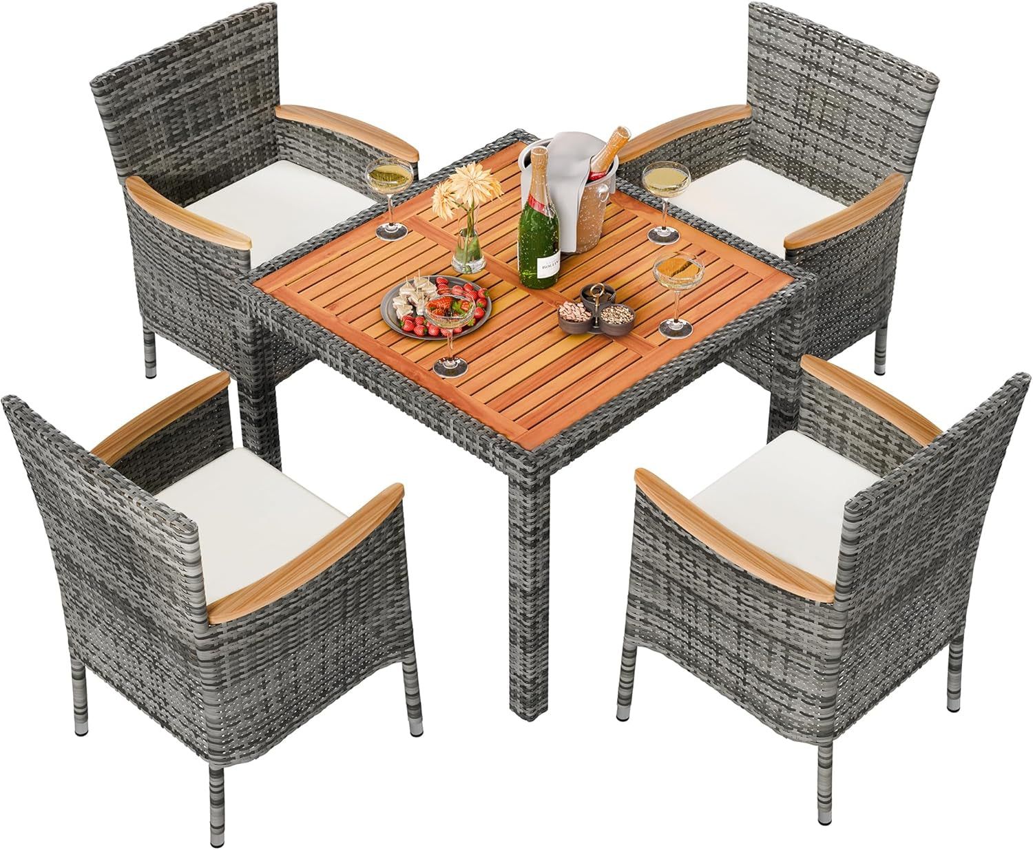 Five Piece Wicker Patio Dining Set with Cushions
