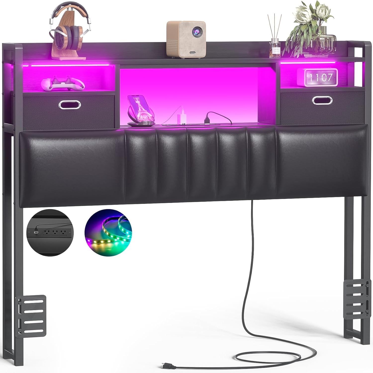 Twin Size Upholstered Headboard With Drawer Storage And LED