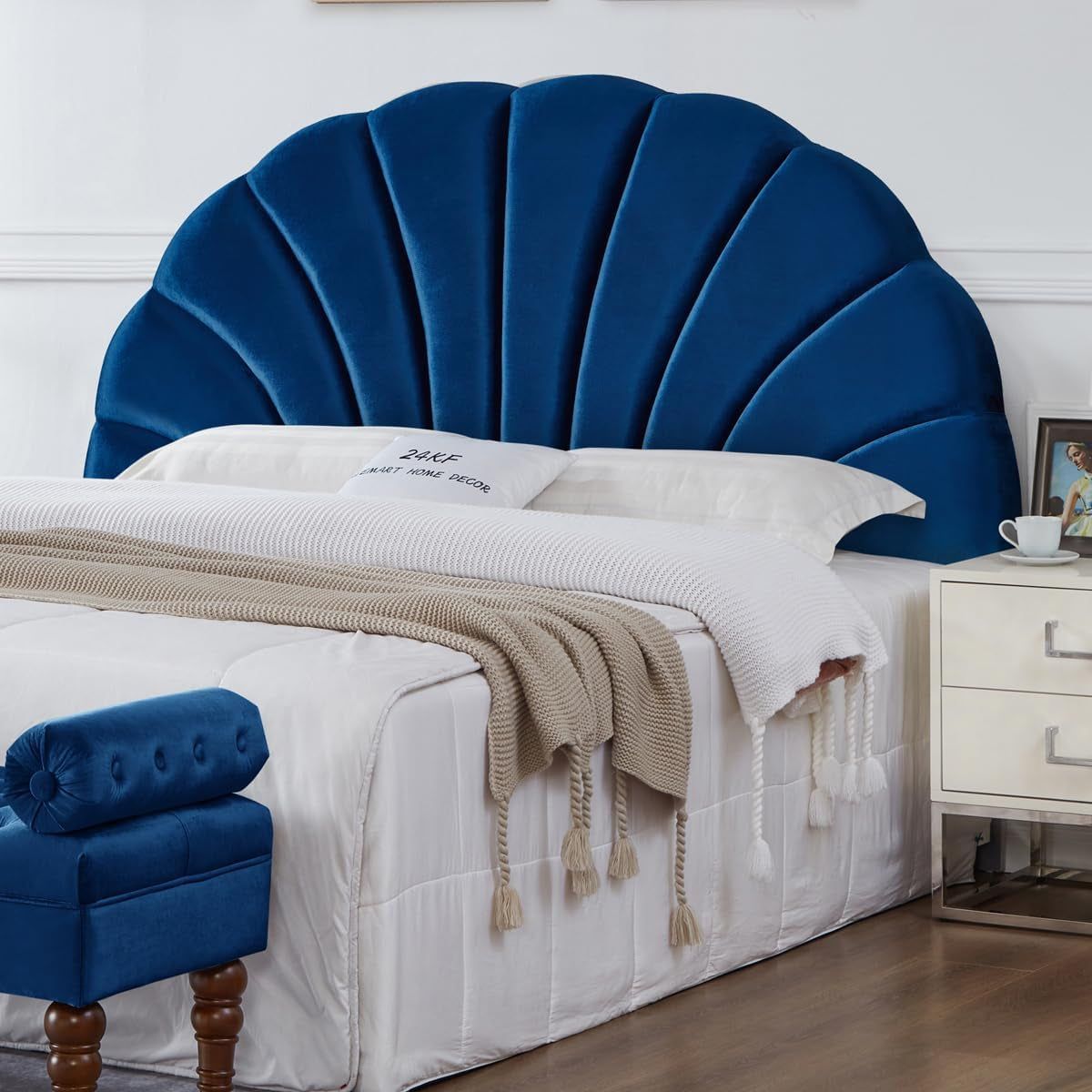 Elegant Crown Design Upholstered Velvet King Headboard