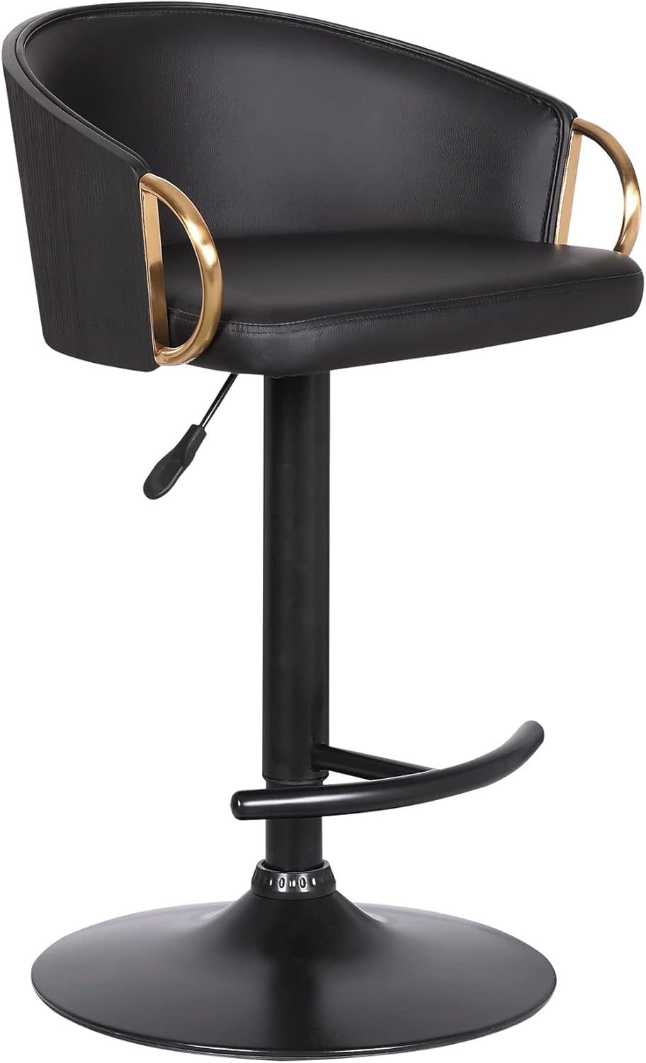 Adjustable Black Faux Leather Swivel Barstool with Gold Accents