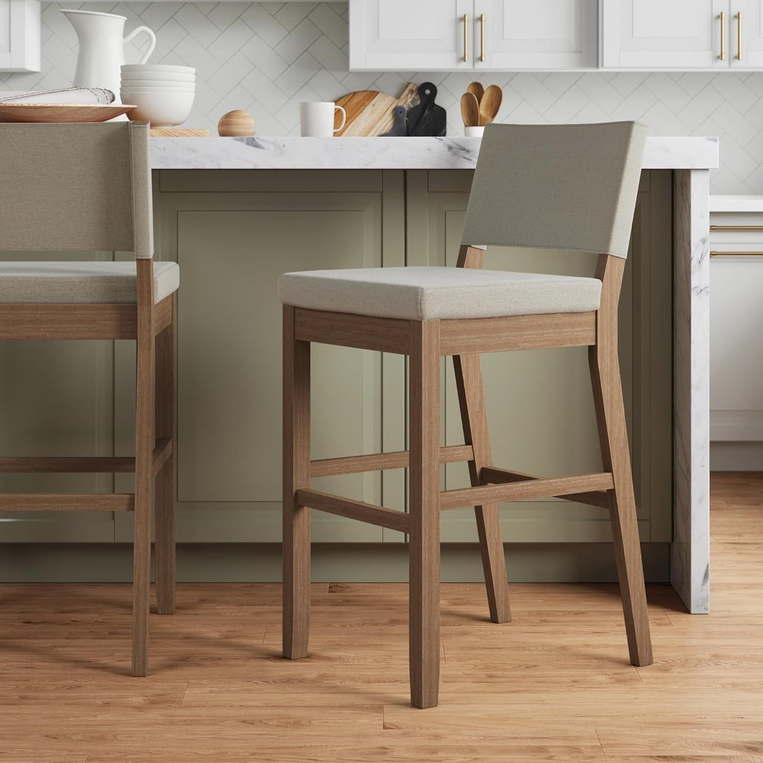 Linus Modern Upholstered Bar Stool with Back and Solid Rubberwood Legs in a Wire-Brushed Light Brown Finish, Natural Flax/Light Brown