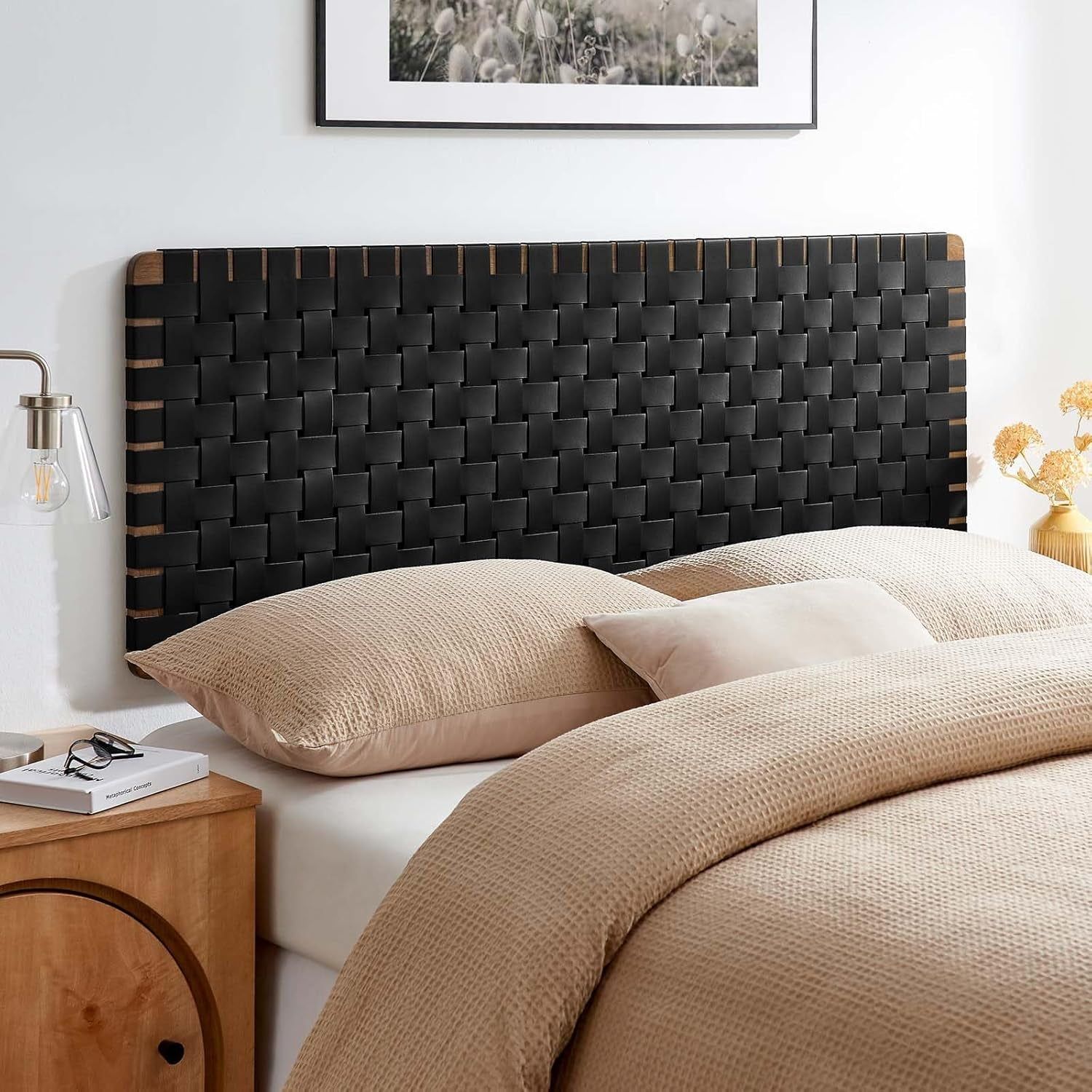 Queen Walnut Black Headboard with Unique Woven Texture