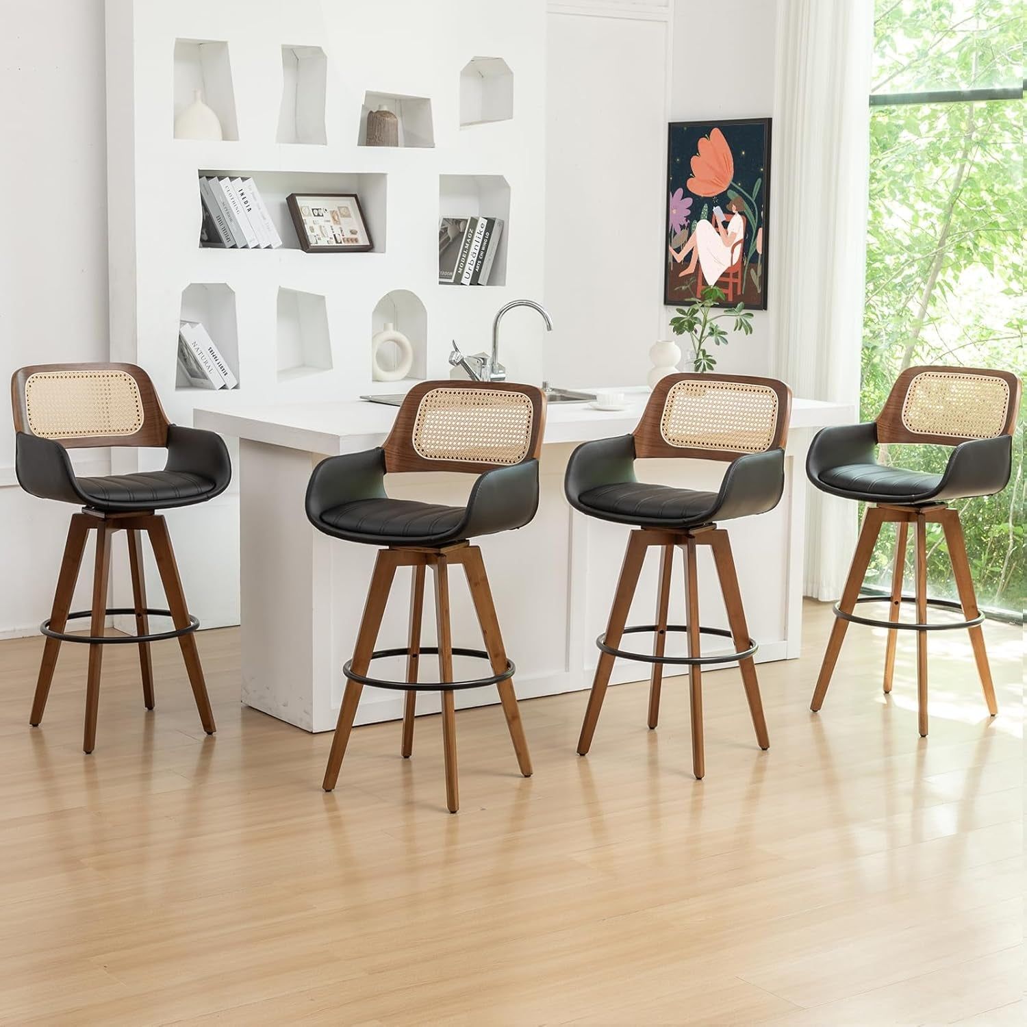 Rattan Swivel Bar Stools, Counter Height Bar Stools with Cane Back, Upholstered Seat, Faux Leather Upholstered Furniture for Island/Counter (Black, 29.7&quot;-4 PCS)