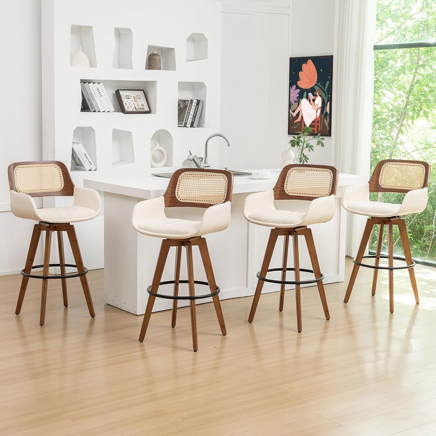 Rattan Swivel Bar Stools, Counter Height Bar Stools with Cane Back, Upholstered Seat, Faux Leather Upholstered Furniture for Island/Counter (Beige, 26.5&quot;-4 PCS)