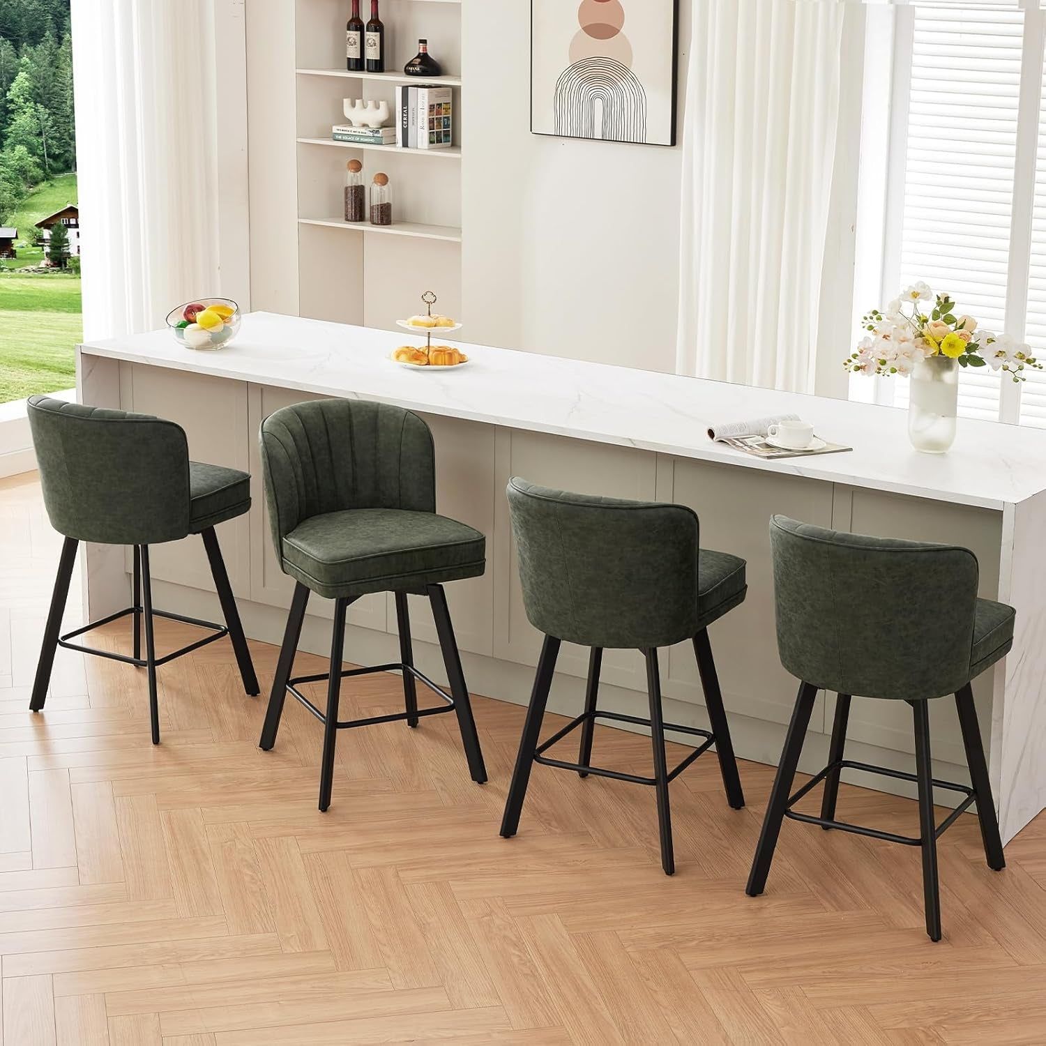 Swivel Counter Height Bar Stools Set of 4, 26&#39;&#39; Modern Barstools with Backs and Metal Legs, Upholstered Bar Chairs, Faux Leather Green Stools for Kitchen Island Chairs