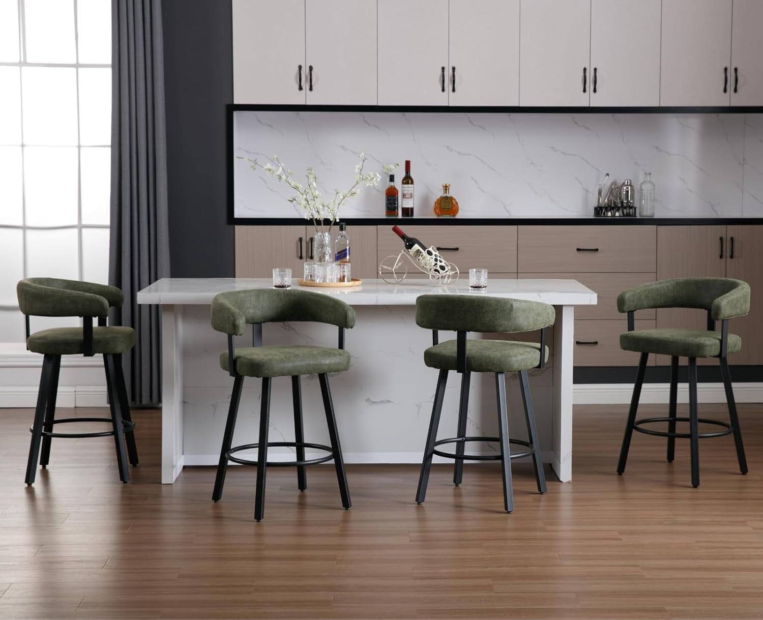 Modern Green Counter Height Bar Stools Set of 4 Leather Barstools with Backs/Metal Legs/Footrest Upholstered Counter Stools Comfy Bar Chairs for Dining Room/Home Bar/Kitchen Island/Pub,25 Inch